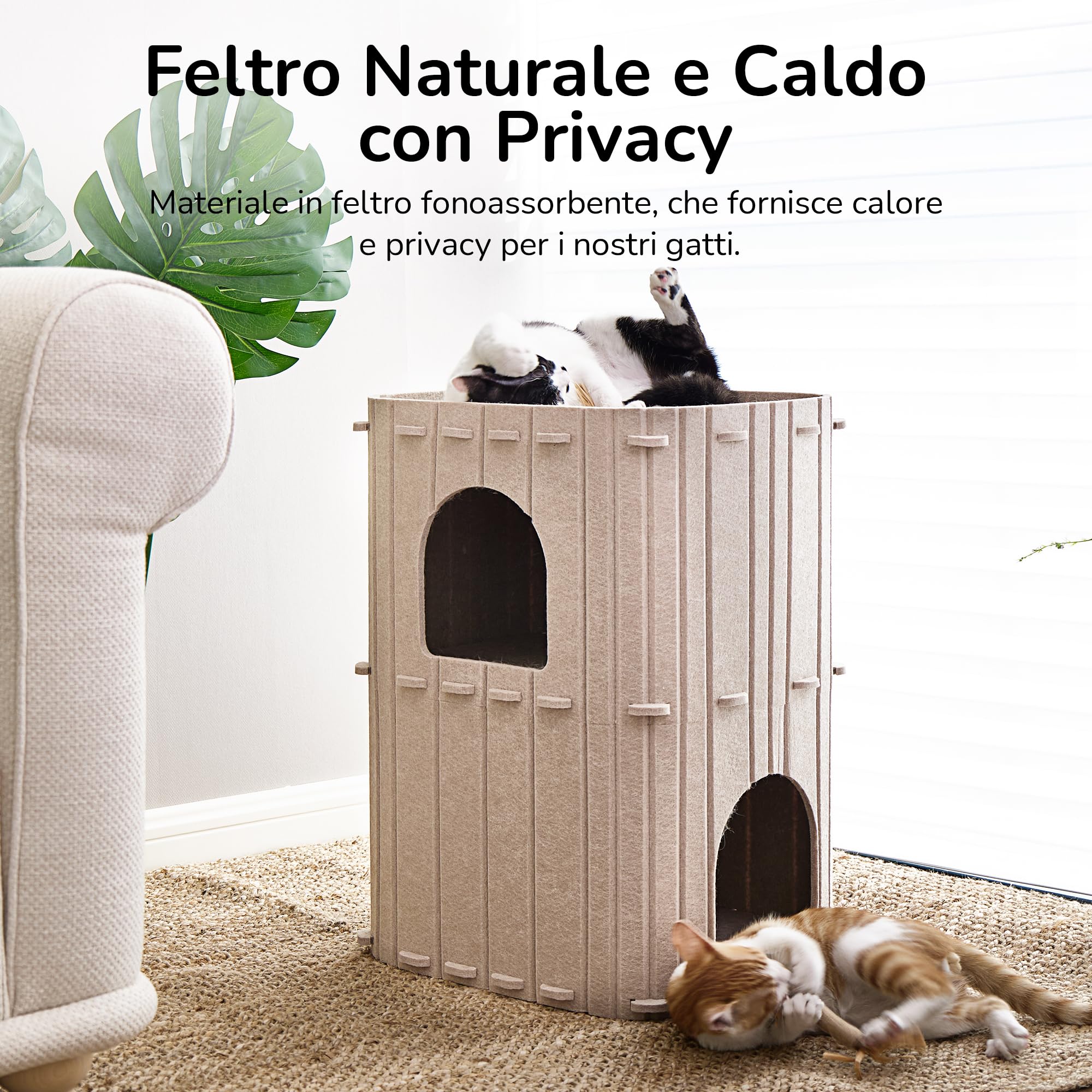 FUKUMARU Cuccia per Gatti da Interno, Tana a 2 Piani Letto per Gatti Grande, Tunnel Condo in Feltro Morbido per Nascondiglio e Gioco per Più Gatti, 45x36.5x60 cm, Cammello