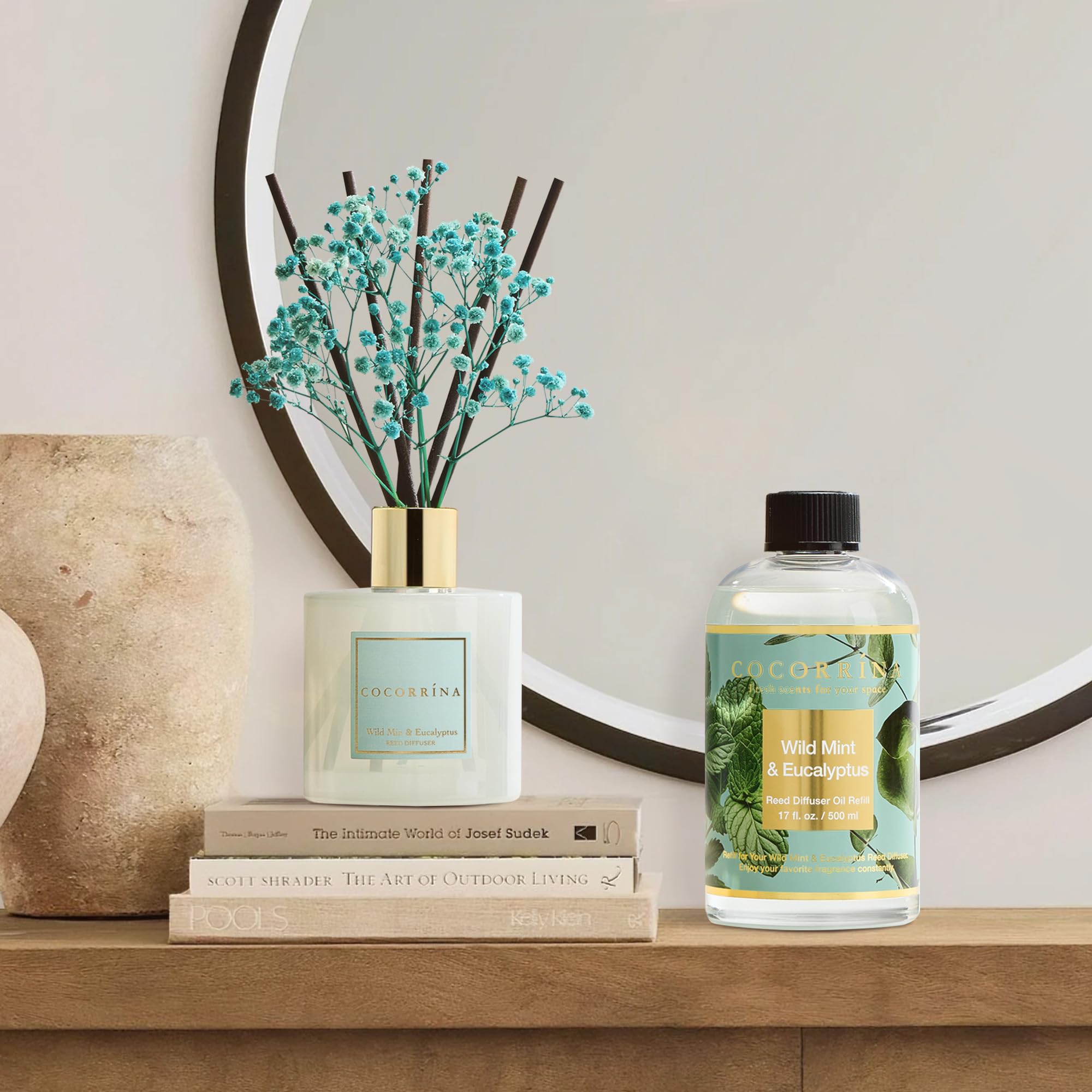 COCORRÍNA Ricarica Diffusore Ambiente 500ml con 8 Bastoncini, Wild Mint & Eucalyptus, Profumo Lungo Durata con Oli Essenziali Naturali, Camera da Letto e Bagno