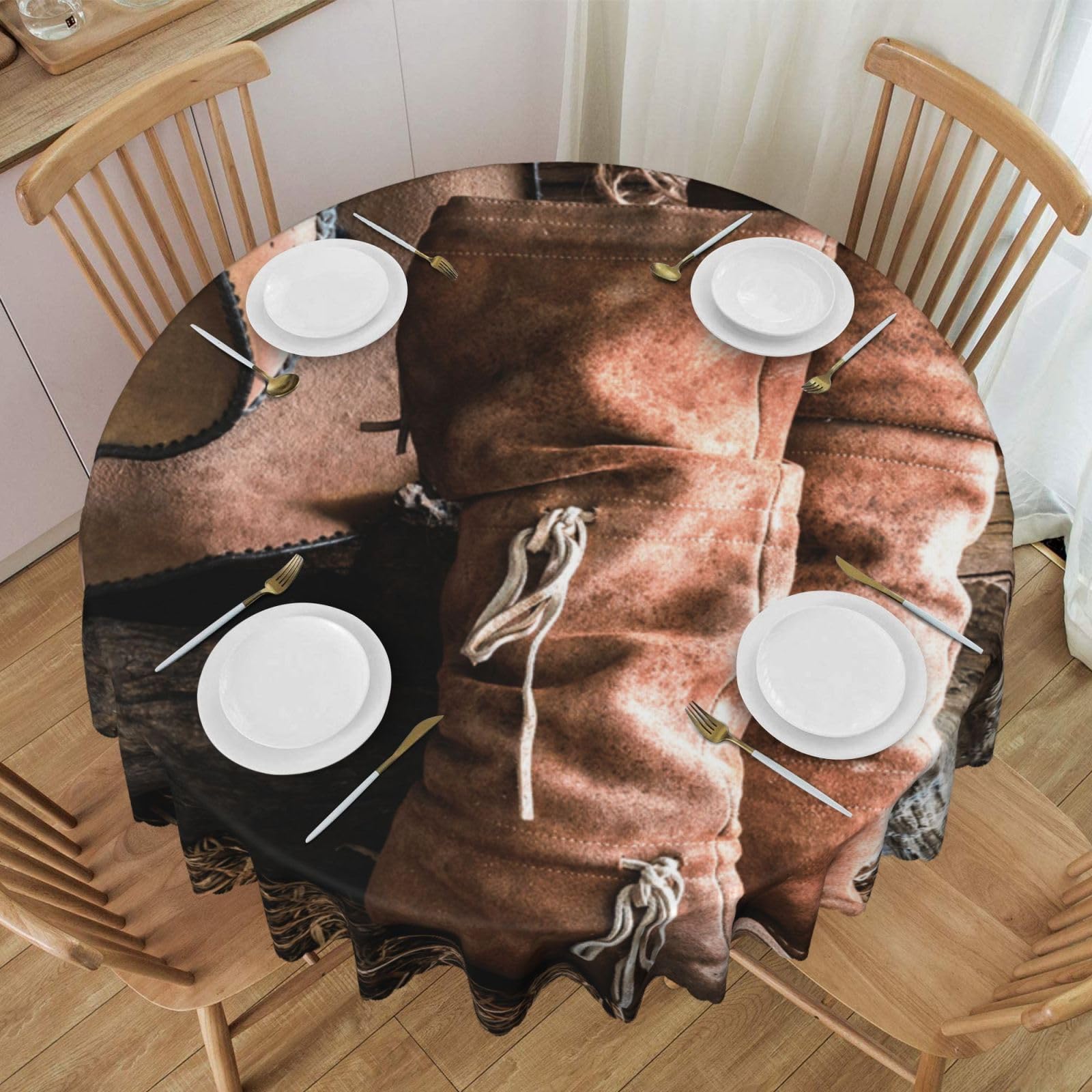 DCEHGEW 60 In Round Tablecloth with Lace, Cowgirl Boots Hat in Farm-r12988 Printed Oilproof & Washable Fabric Picnic Table Cloth Table Covers