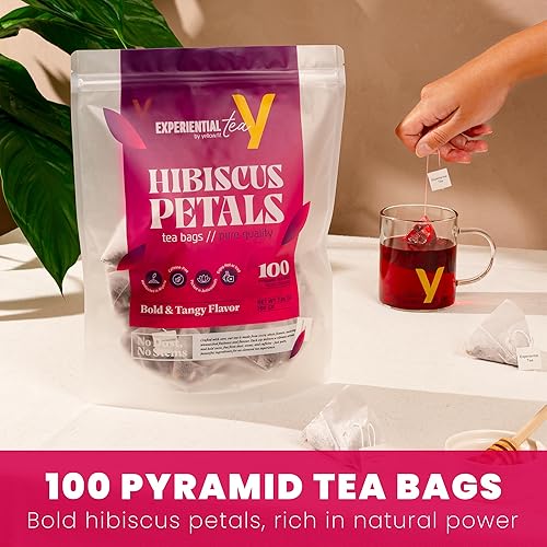 Miniatura 3 de Bolsas de té de hibisco 100 unidades, bolsas de té piramidales biodegradables, mezcla de hojas enteras, sin cafeína, para apoyo inmunológico y