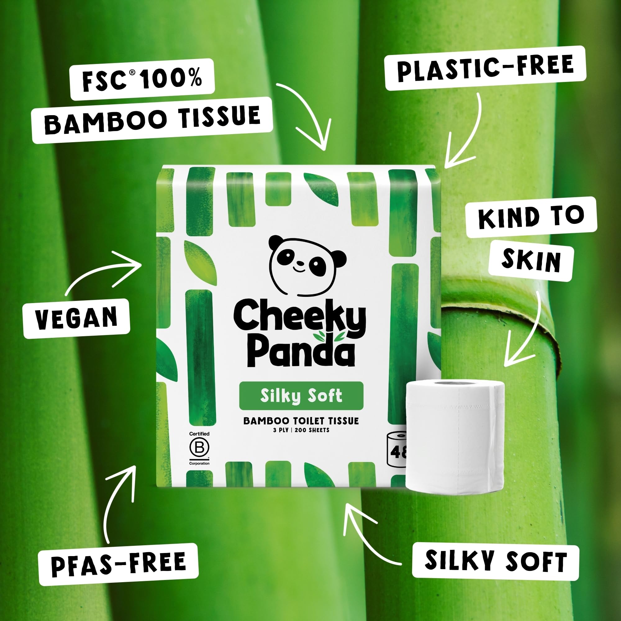 The Cheeky Panda Carta Igienica Bamboo | 48 x Rotoli Carta Igienica 3 Veli | 200 Soffici Fogli | Biodegradabile ed Ecológico | Senza plástica