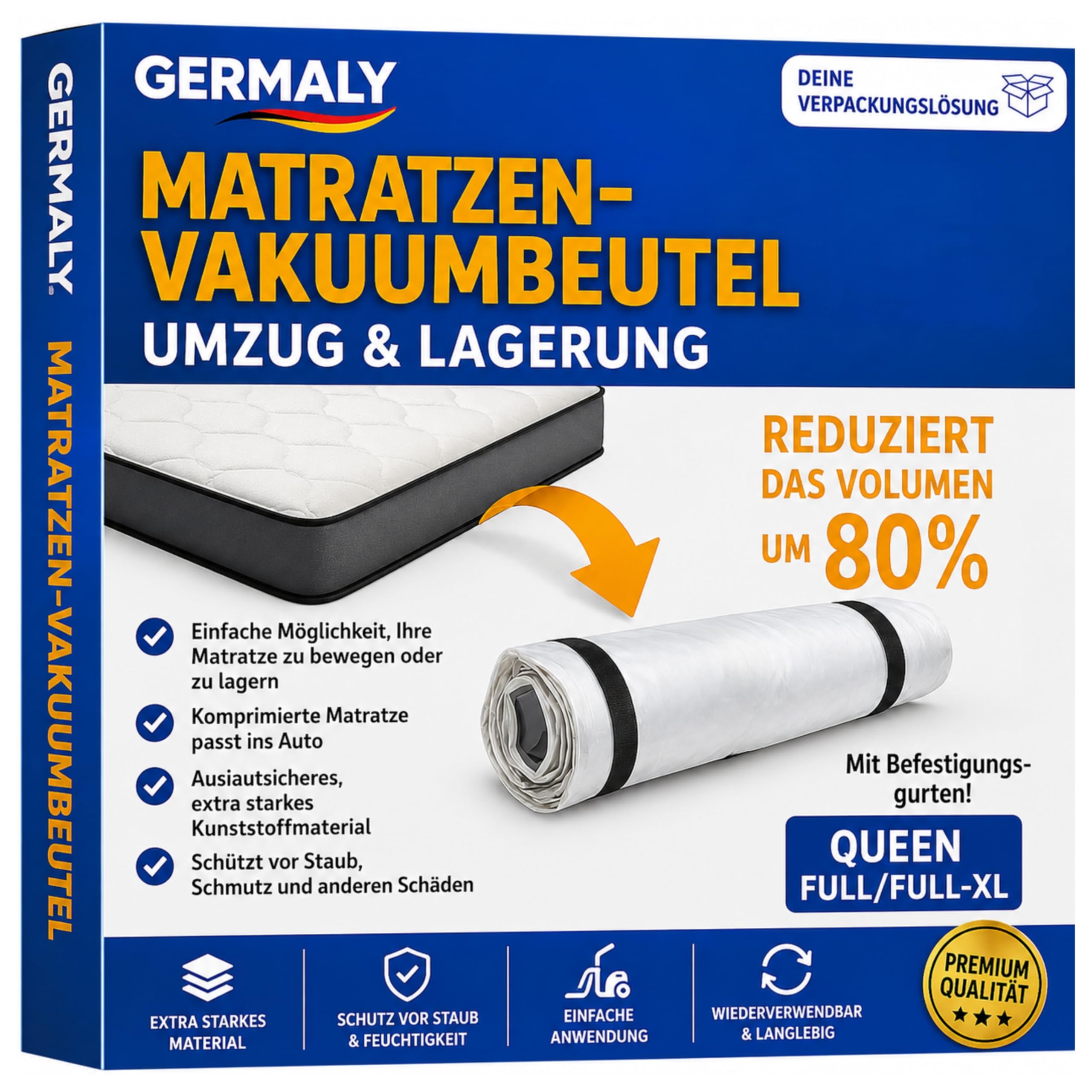 GERMALY Vakuumbeutel für Matratzen bis 200x100cm (Beutelgröße: 230x130cm) I Matratzen Vakuumbeutel für Schaumstoff-, Gel- & Latexmatratzen I Mattress Vacuum Bag I Vakuumbeutel Matratze vakuumieren