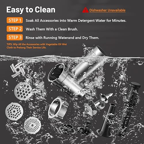 Miniatura 7 de Picadora eléctrica de carne, máquina de relleno de salchichas de 450 W (3000 W máximo), molinillo de alimentos con hoja y 3 platos, tubos de relleno