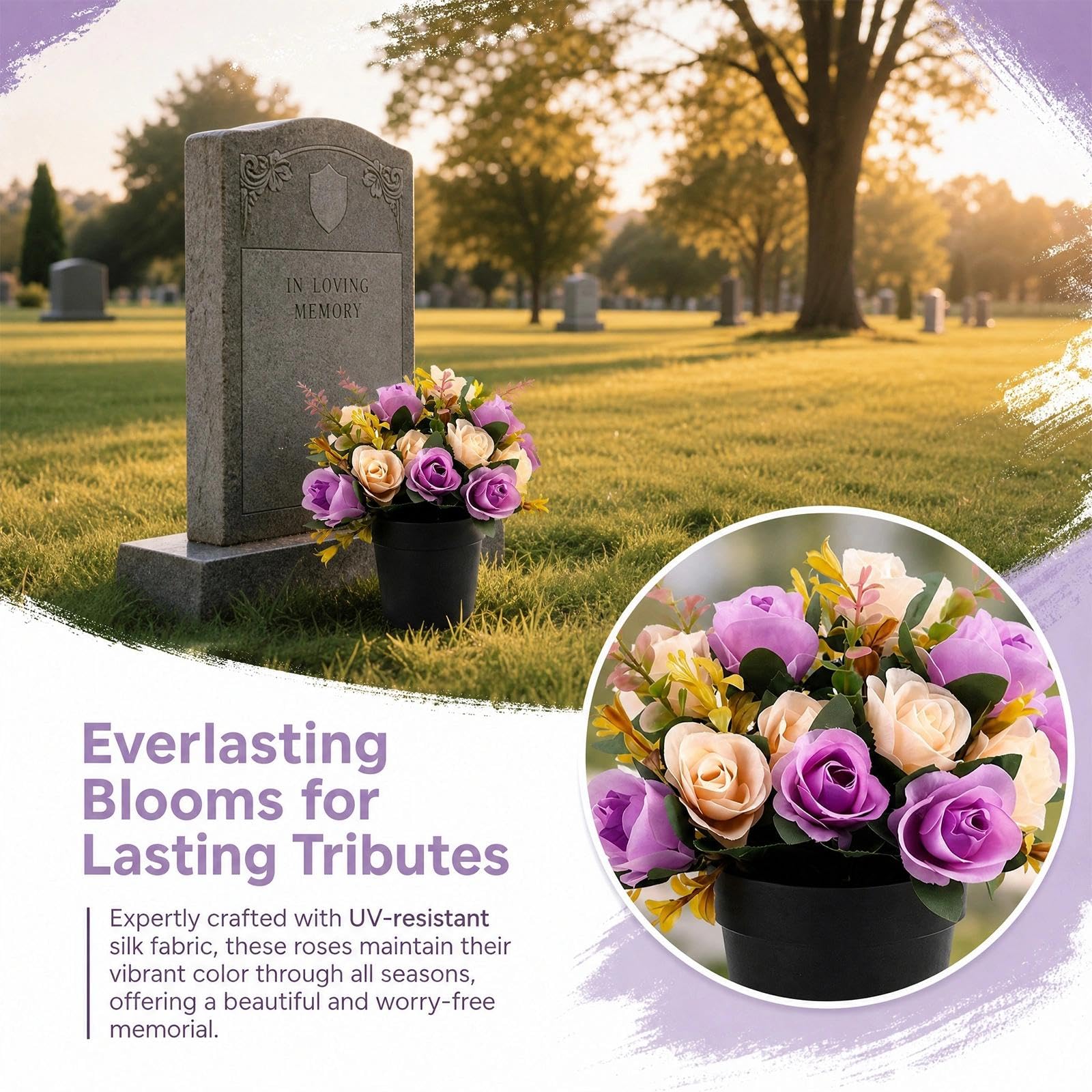 2 Pcs Artificial Flowers for Graves Pots Weather-Resistant Cemetery Flowers with 12 Lifelike Roses - Image 7