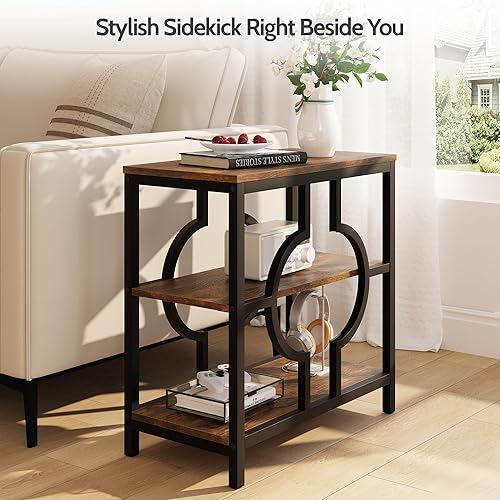 Miniatura 6 de Juego de 2 mesas auxiliares, mesa auxiliar estrecha con estantes de almacenamiento de 3 niveles, mesa auxiliar de sofá de madera con marco de metal