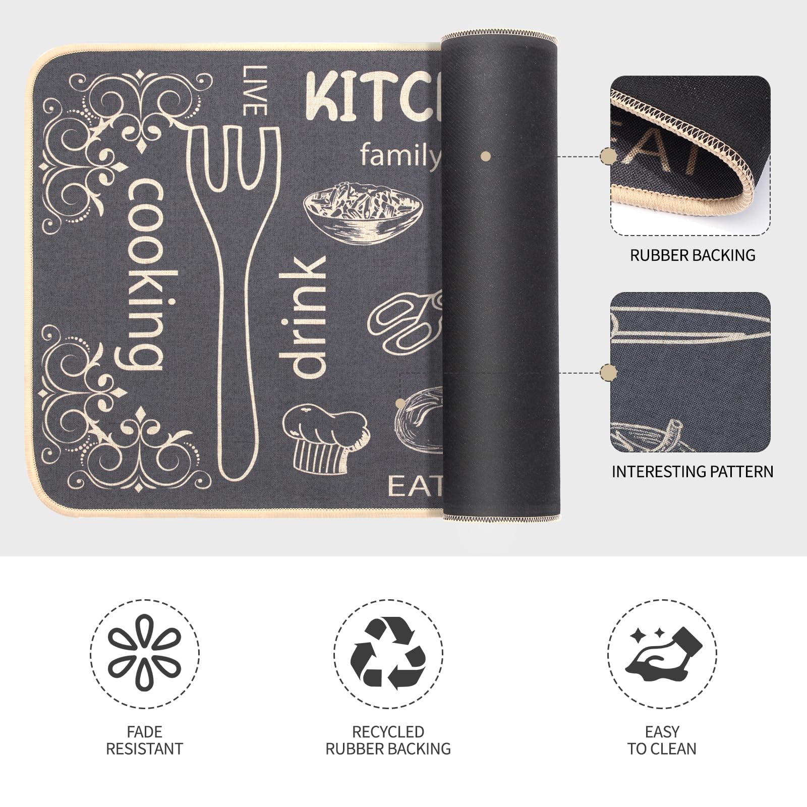 Kitchen Mats for Floor 2,Piece,Farmhouse Chef Kitchen Rugs Sets of 2,Non Slip Kitchen Mat for Floor (Black,17