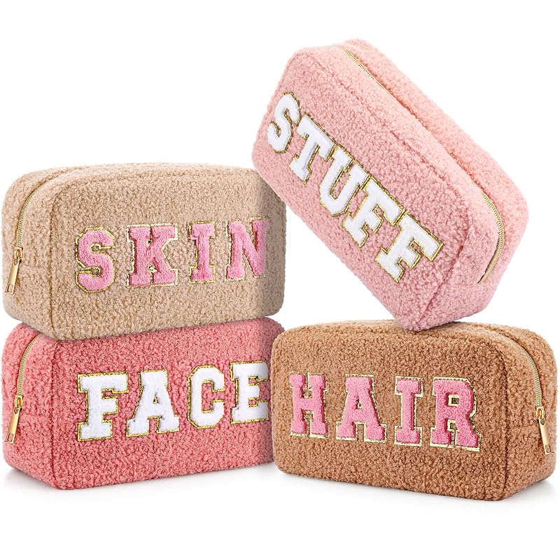 Paterr Necessaires para maquiagem com patches de letras em chenille, cores rosa e bege, pacote com 4