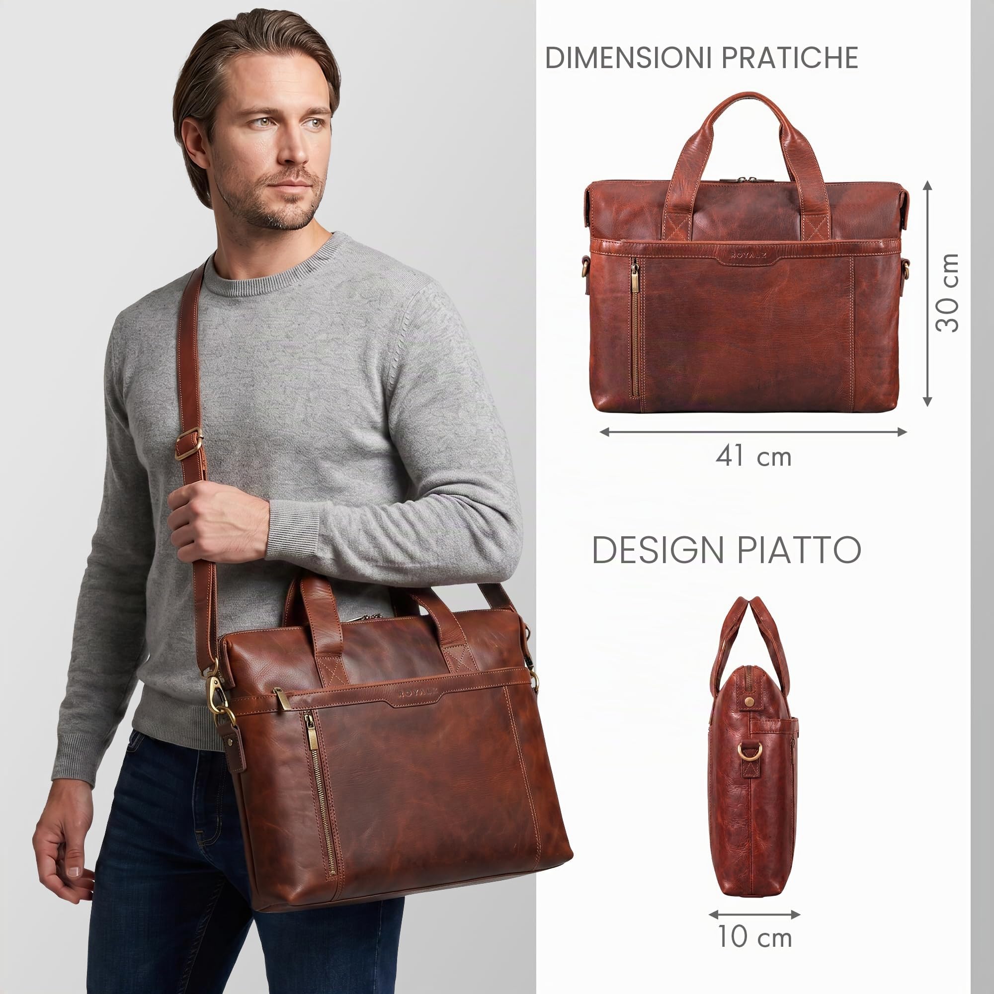 ROYALZ 'Seattle' Borsa Ventiquattrore Uomo in Vera Pelle Grande - Perfetto come Borsa per Computer Portatile 14-15.6 ' Borsa 24 ore Borsa a Tracolla Business università