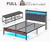 Vista 2 de VECELO Base de cama de tamaño matrimonial con luces LED y banco, base de cama tapizada con estación de almacenamiento y carga USB, marco de metal