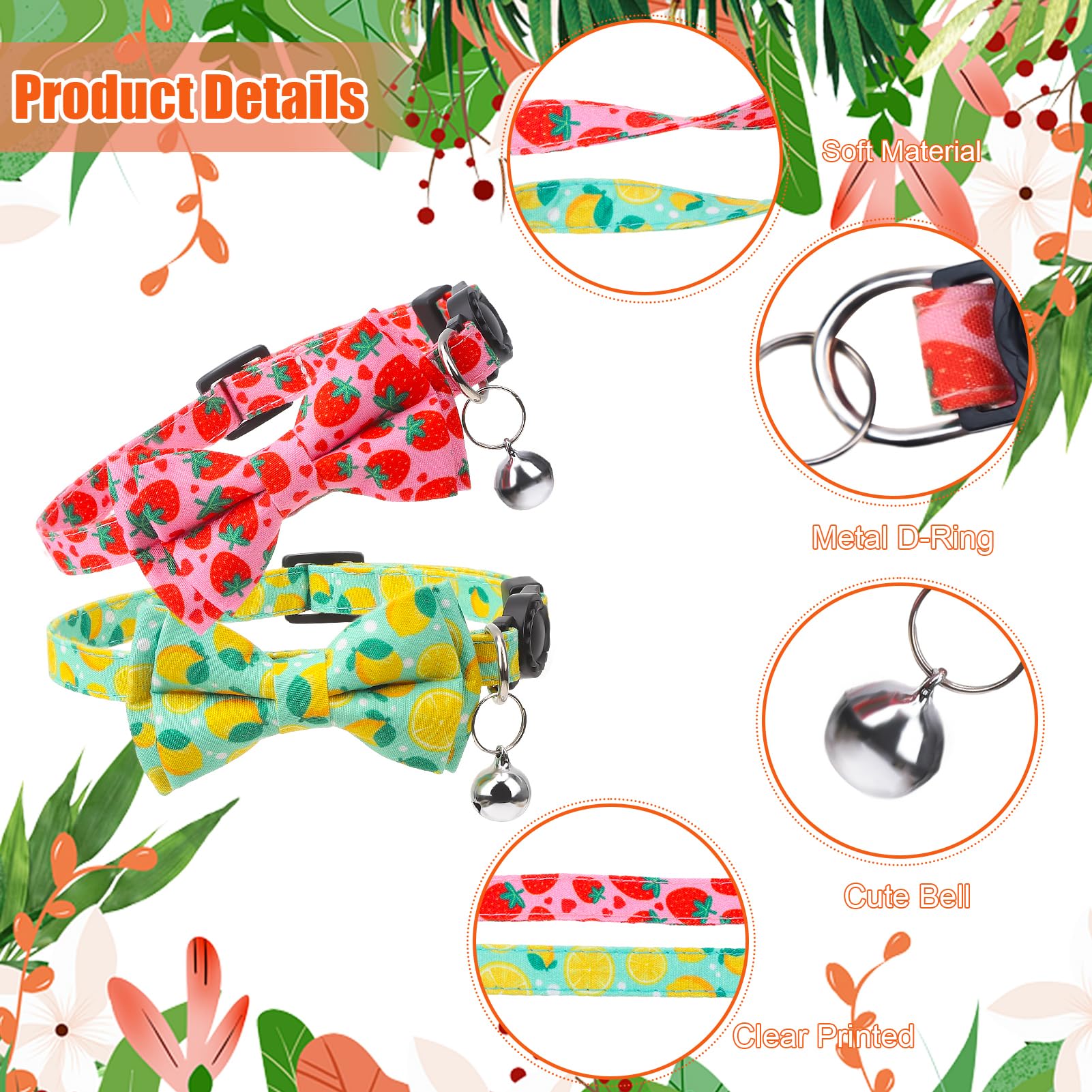 Paquete de 4 collares de gato con pajarita y campana, collar de gato, collar de gato, collar de gato, collar de gato de frutas, collar de gatito, collar de seguridad ajustable para primavera