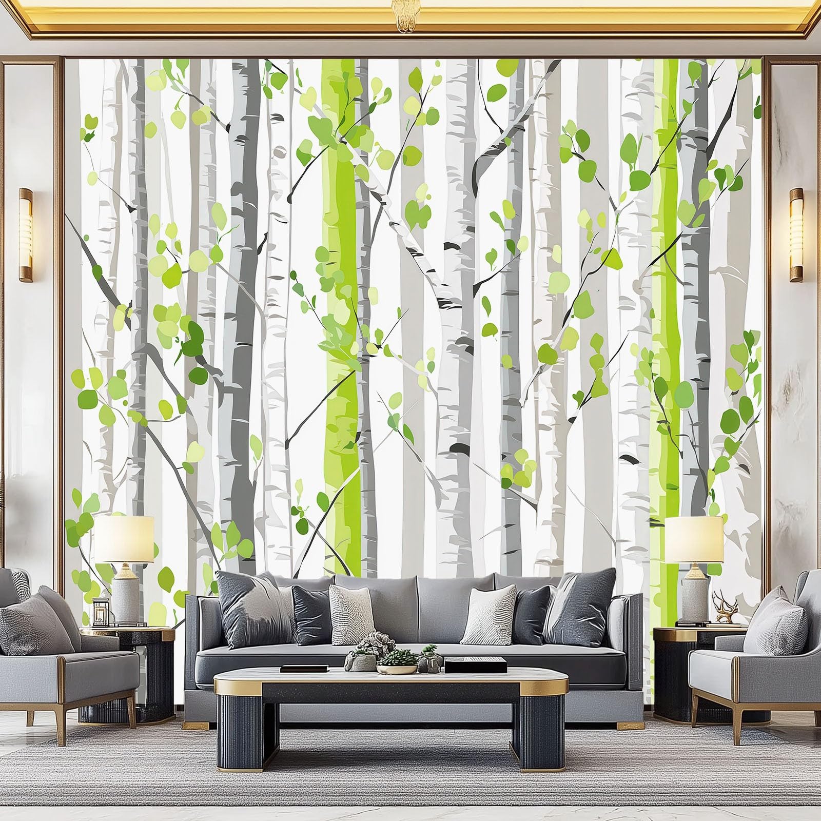 Fototapeta 400 x 280 cm ściany dekoracja salonu natura wzór do sypialni salonu tapeta z włókniny, zielone paski leśne brzozowe