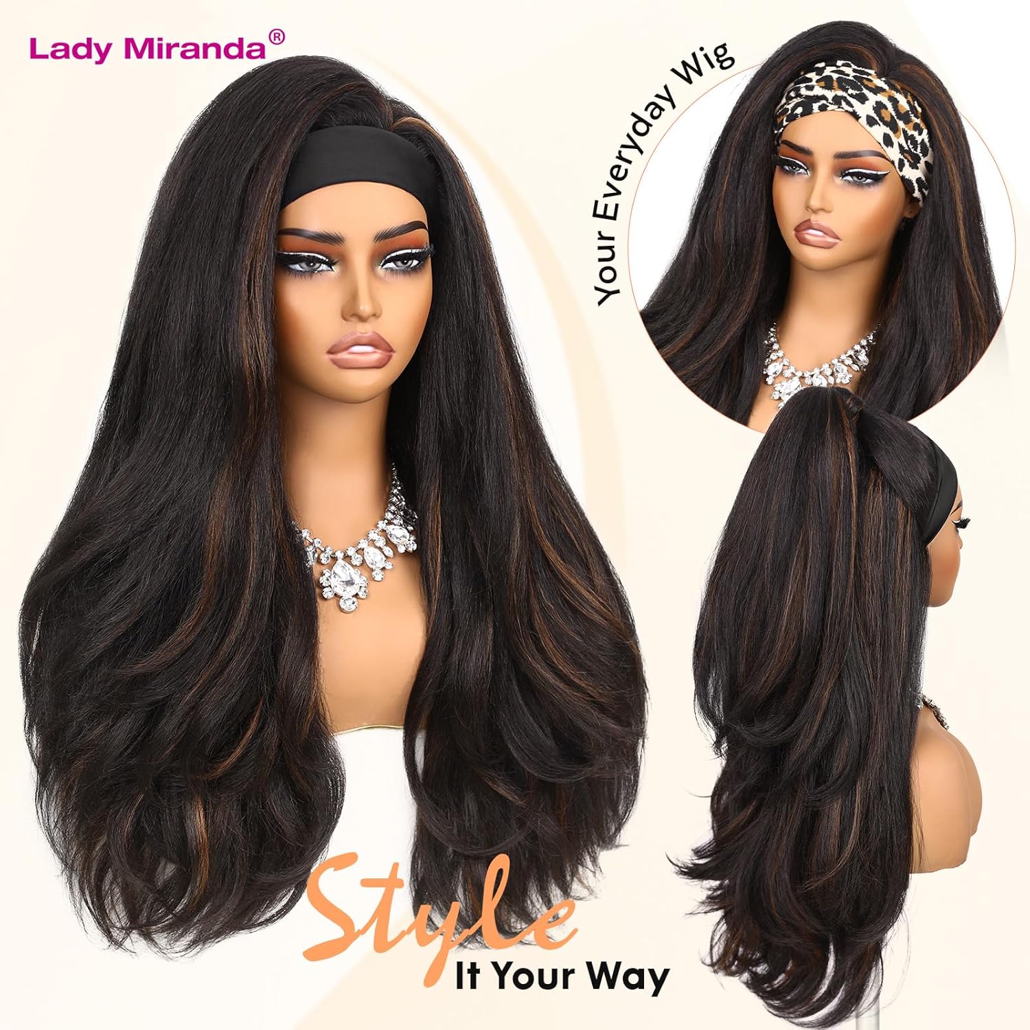 LADY MIRANDA 26 Inch Yaki Wavy Headband Wig for Black Women Kinky Straight Half Wig with Layered Blowout Texture Glueless Wear and Go Synthetic Wig Natural-Looking Headband Wigs for Black Women P1B/30
