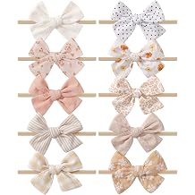 doboi 10PCS Baby Girls Headbands Hair Bows Nylon Cotton Linen Hairbands | Fine Handmade Hair Accessories for Newborn Infant Toddlers Little Girls-Solid Plaid Stripe Polka Dot and Flowers