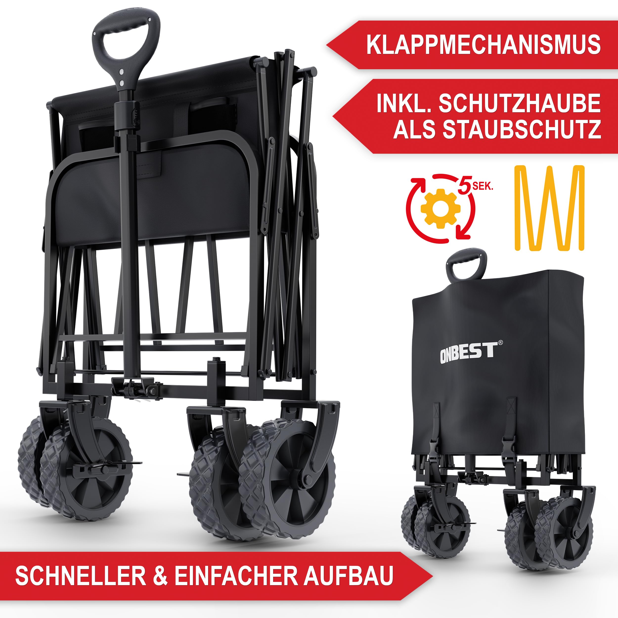ONBEST Bollerwagen faltbar - Plus Regenschutz - Faltbollerwagen - Bollerwagen Für viele Anwendungen - Outdoor - klappbarer Transportwagen klappbar (Schwarz)