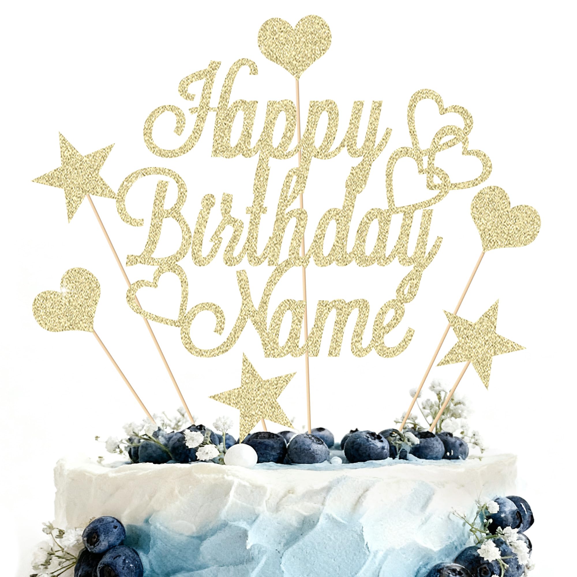 Personalized Happy Birthday Cake Topper | Customized Name Cake Decoration | Double Sided Glitter Card | Champagne Gold