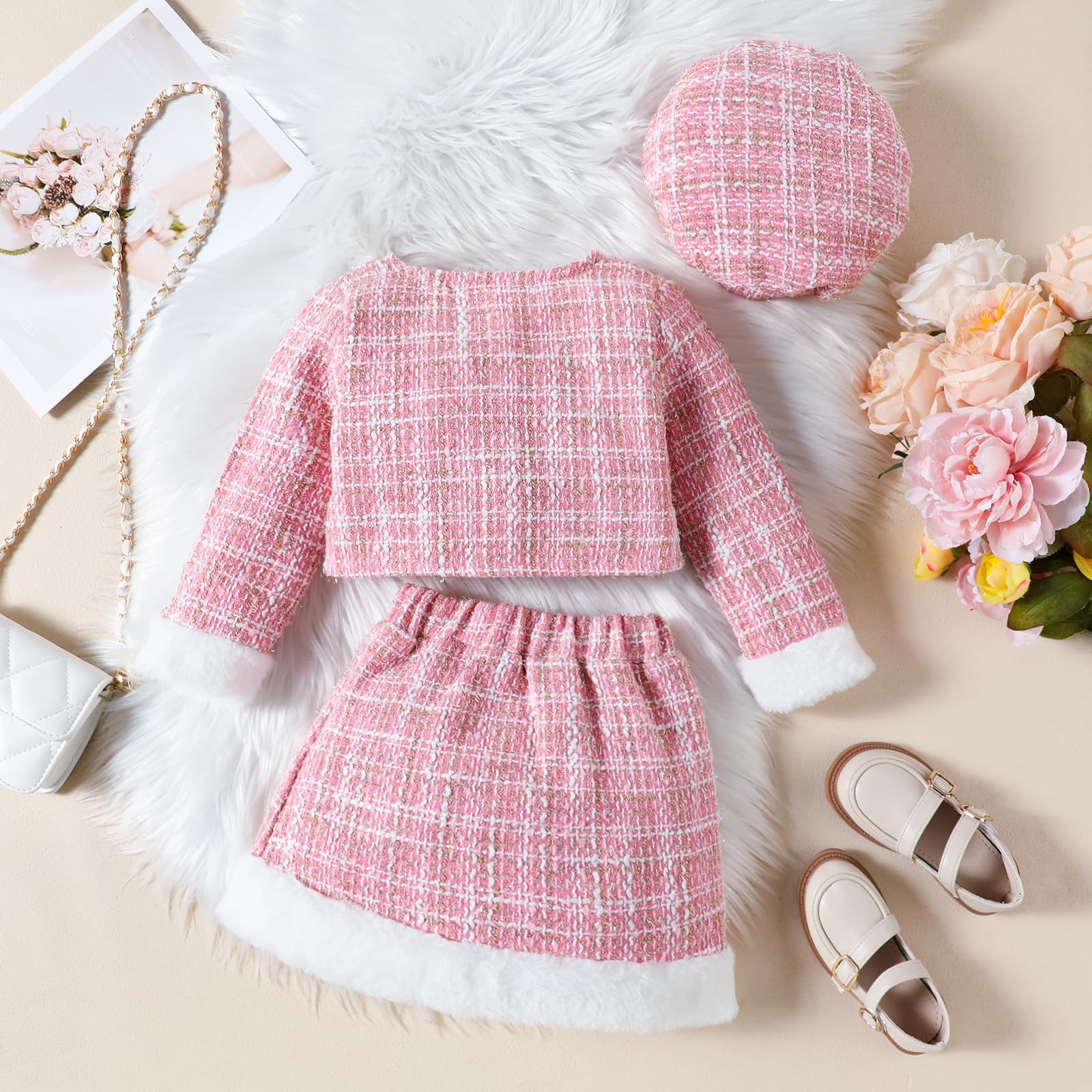 Kleinkind Baby Mädchen Herbstkleidung Plaid Tweed Muster Tops Plaid Rock Baskenmütze Baby Outfits Sets