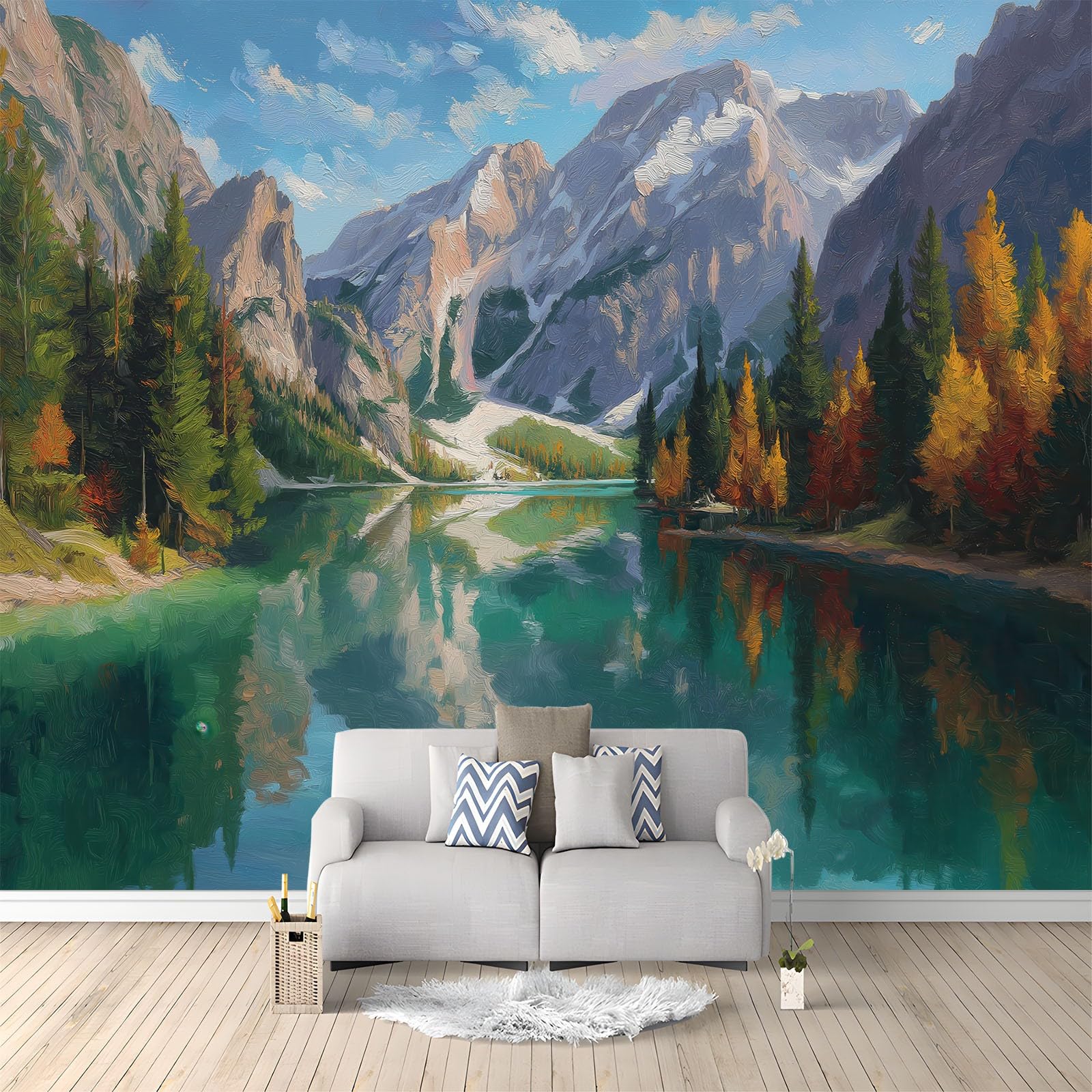 Nature Scenic Snow Mountain Forest Lake Blue White Non-Woven Photo Wallpaper 300 x 210 cm Non-Woven Decor Wall Paper, Covering for Living Room, Bedroom, Children's Room & Corridor