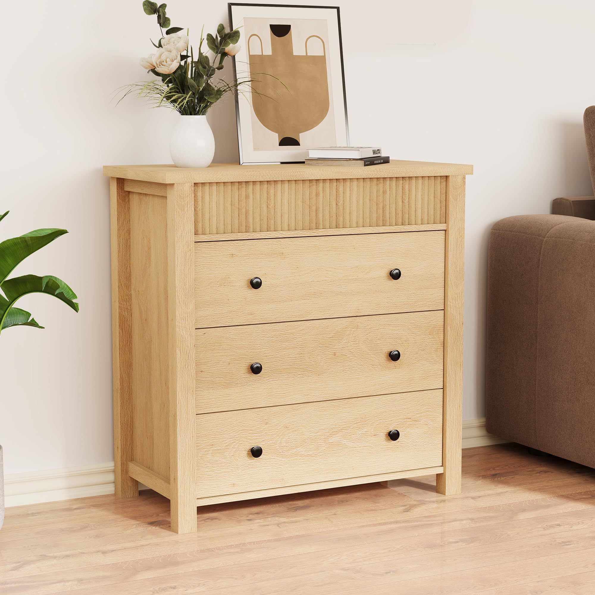 Garvee Comò a 3 cassetti per camera da letto, comodino moderno a coste in legno, cassettiera in legno per camera da letto, soggiorno, corridoio, 80 x 40 x 81 cm, rovere naturale