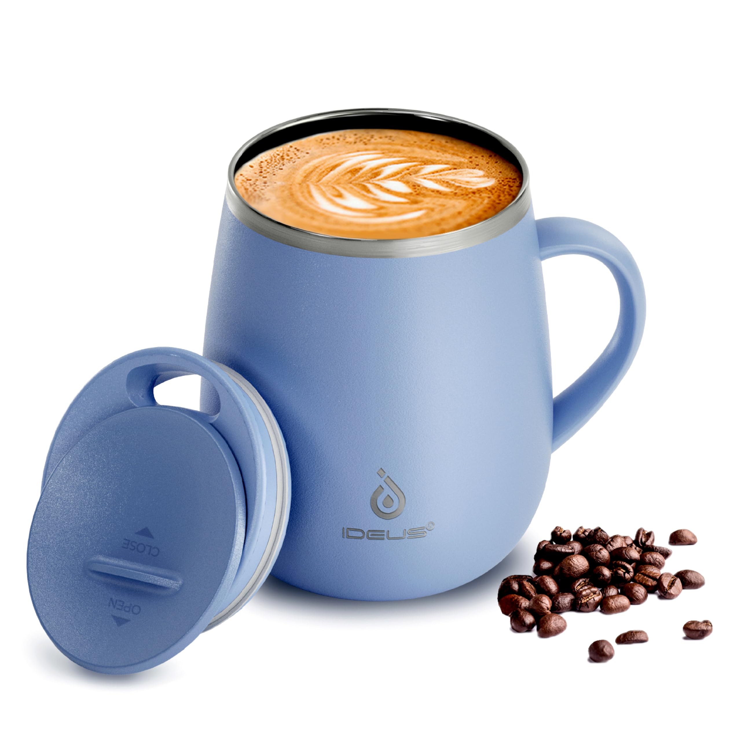 Ideus® Kaffeebecher 470 ml (16 oz), doppelwandige vakuumisolierte Kaffee- und Teetasse aus Edelstahl mit rutschfestem Griff und Schiebemoduldeckel und großem Volumen