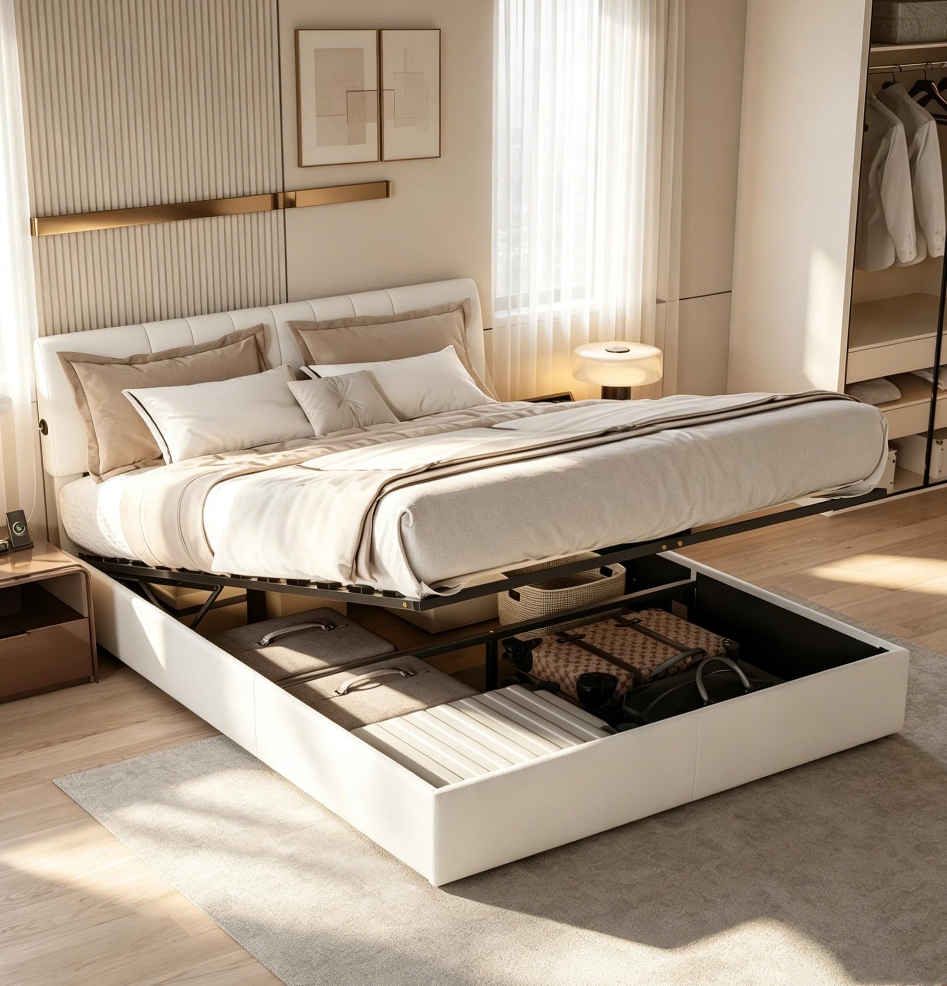 BRILVERDE Letto matrimoniale 140 x 190 con vano portaoggetti con USB, letto cassettiera con rete a doghe e testiera imbottita, per adulti e adolescenti, in pile Teddy (beige, 140 x 190 cm)