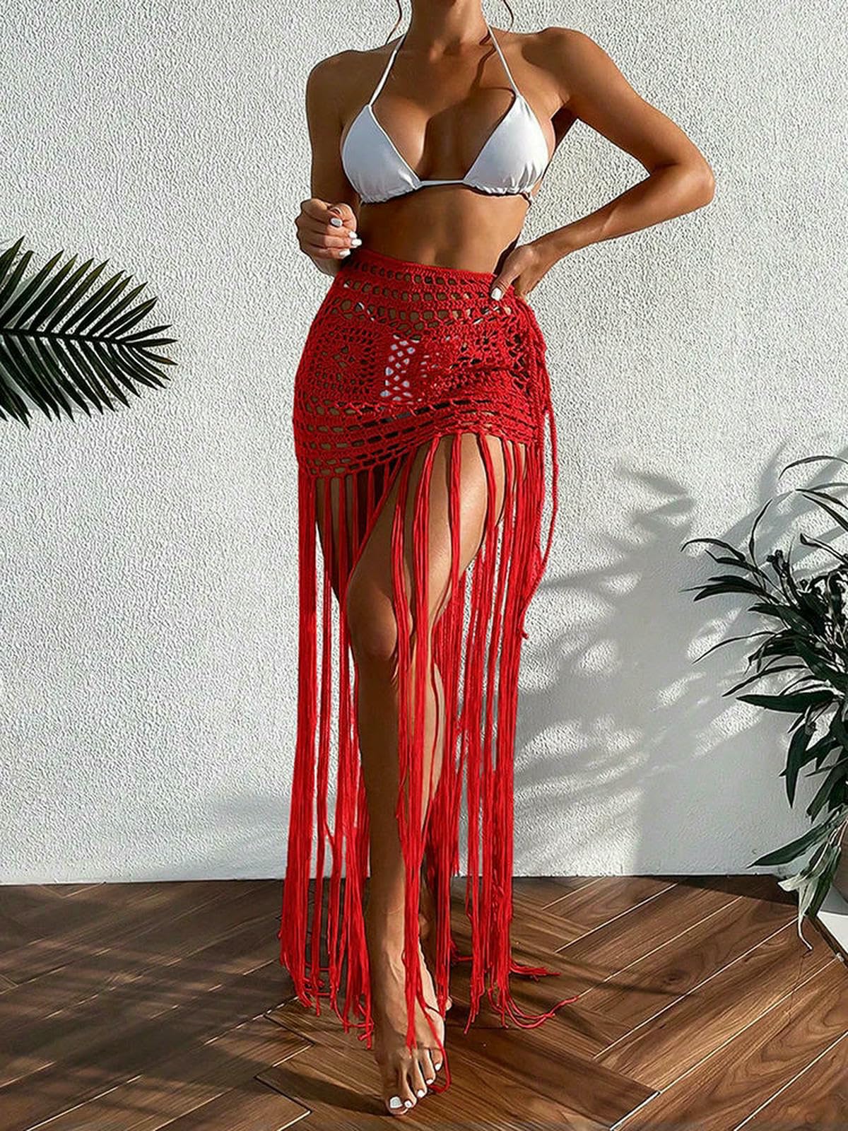 XYNMFalda Larga Mujer Crochet Borla Bikini Vestido Tipo Pareo Ropa De Playa Mujeres Atar Bañista Traje Baño Cubrir Playa-Negro-XS