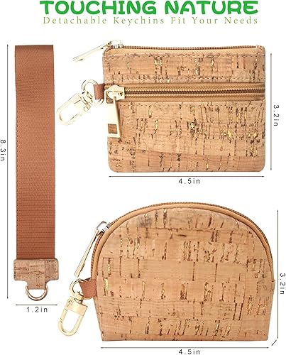 Vista 4 de boshiho Cartera de corcho vegano, diseño delgado de cremallera con tarjetero y bolsillo para monedas, regalo vegano ecológico