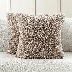 FUTEI Khaki Decorative Throw Pillow Covers 20x20 Inch Set of 2,Soft Fluffy Faux Wool Fur Boucle Textured Cushion Case,Modern Home Decor for Couch Bed Living Room Office