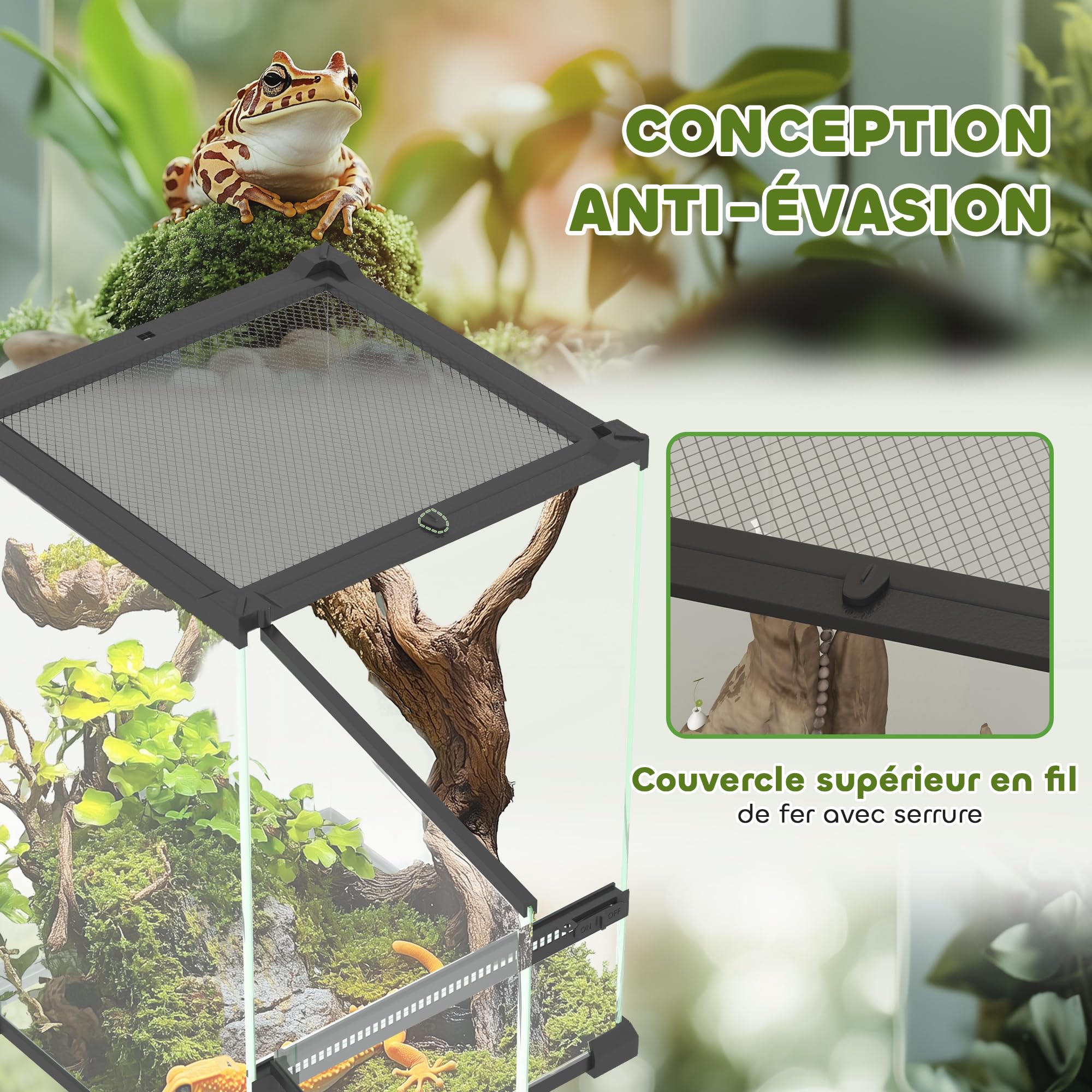 PawHut Terrarium en Verre pour Reptiles Vivarium 12 L d'élevage de Reptiles avec Couvercle en Treillis métallique, pour Grenouilles, Serpents, Tortues, 20 x 20 x 30 cm, Noir