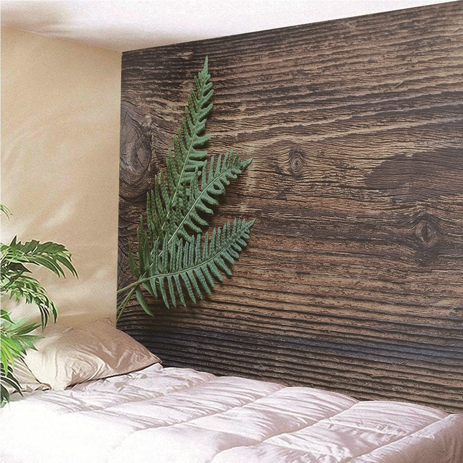 Aeici Tela Pared Playa, Wall Hanging Tapiz Hoja Verde sobre Tablero de Madera- Verde marrón, 200x200CM