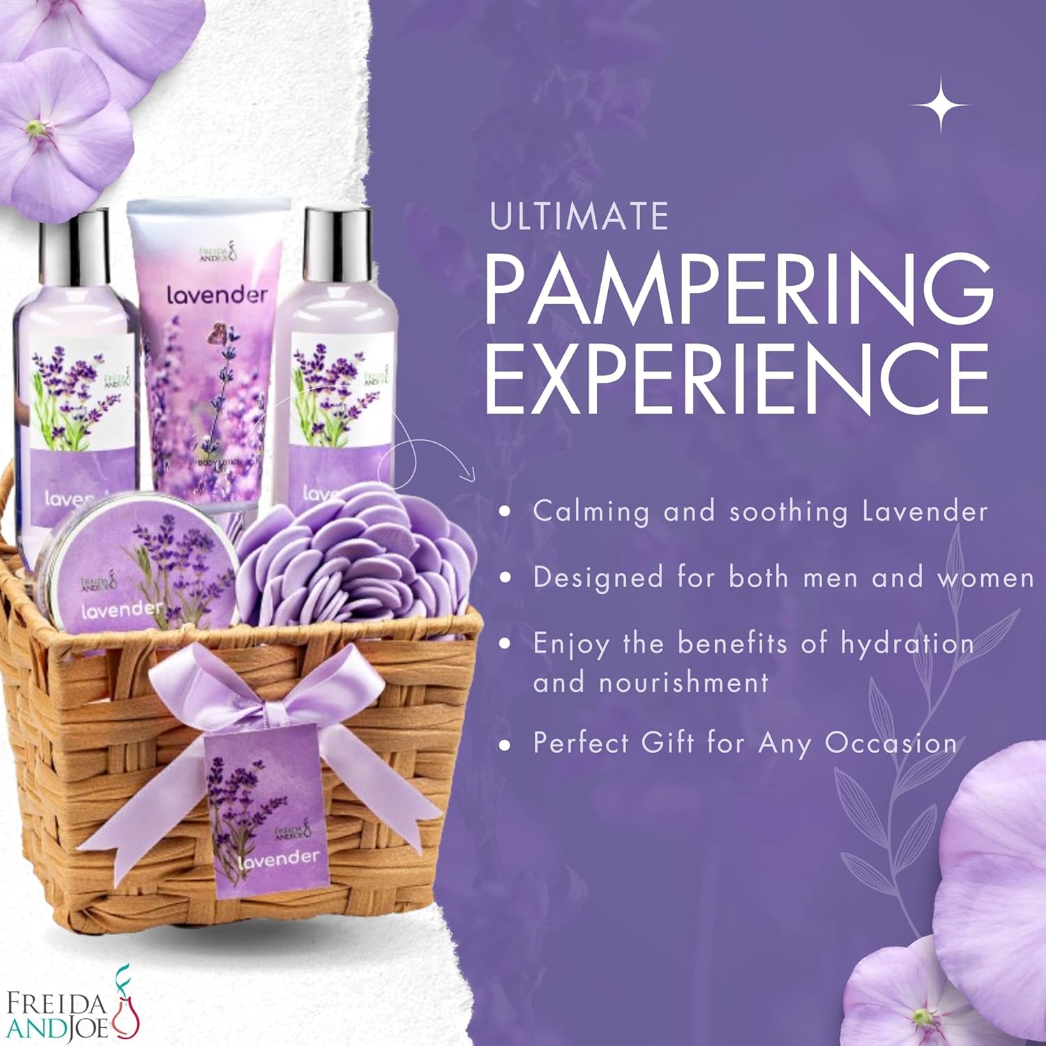 Lavender Bath and Body Gift Set in a Wicker Basket Calm & Relaxing Lavender Spa Gift Set for Women – Perfect Self-Care Gift for Valentiness, Birthdays & Special Occasions Valentines Gift