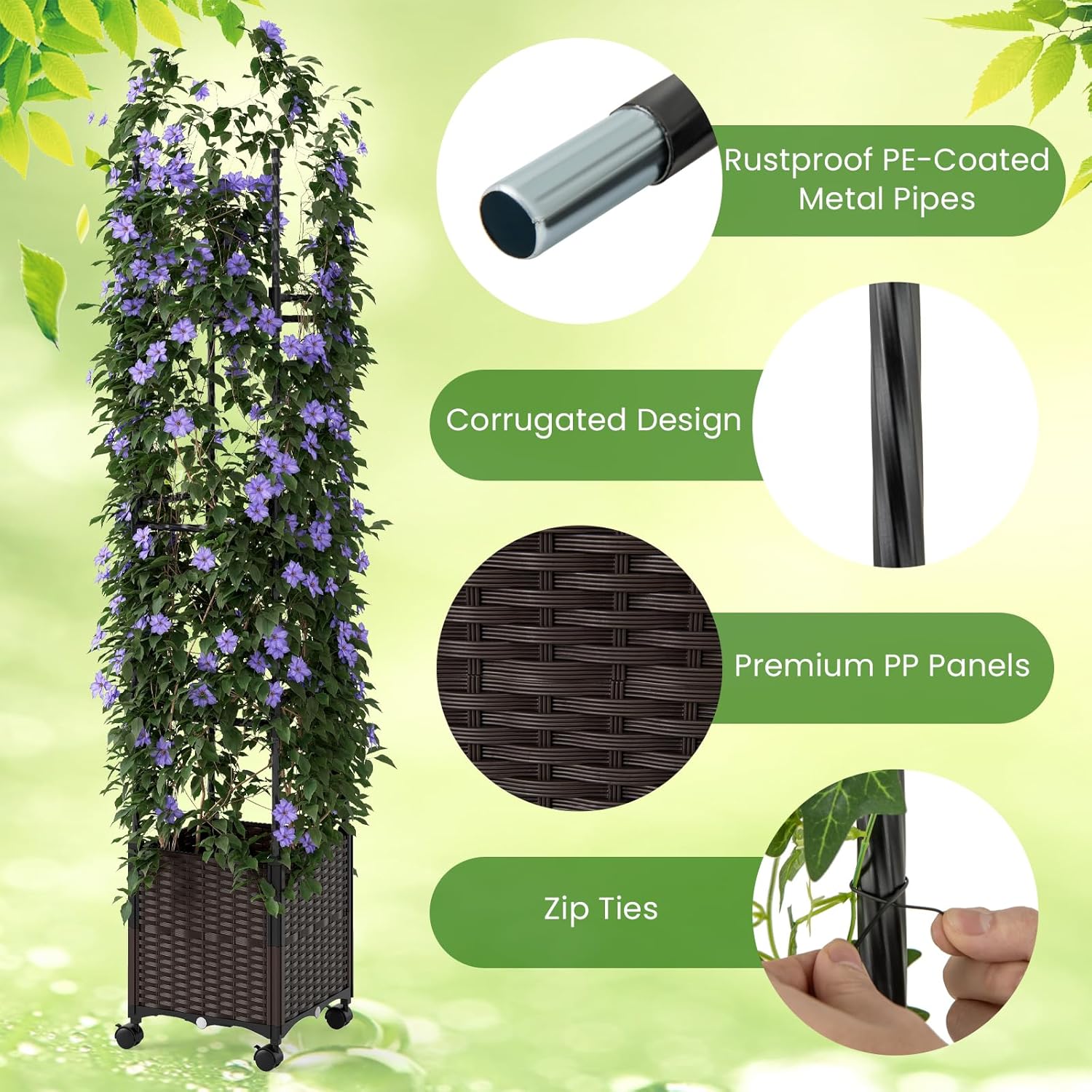 HAPPYGRILL 87" Raised Garden Bed w/Trellis, Self-Watering Planter Box w/ 3 Adjustable Heights, Lockable Wheels for Climbing Plants Flowers Vine, Indoor Outdoor Vertical Tomato Cage for Garden (1)