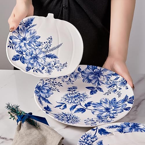 Miniatura 4 de Bico Blue Floral Haven - Juego de 4 platos llanos grandes de cerámica de 11 pulgadas para pasta, filete, elegantes platos para servir, aptos para