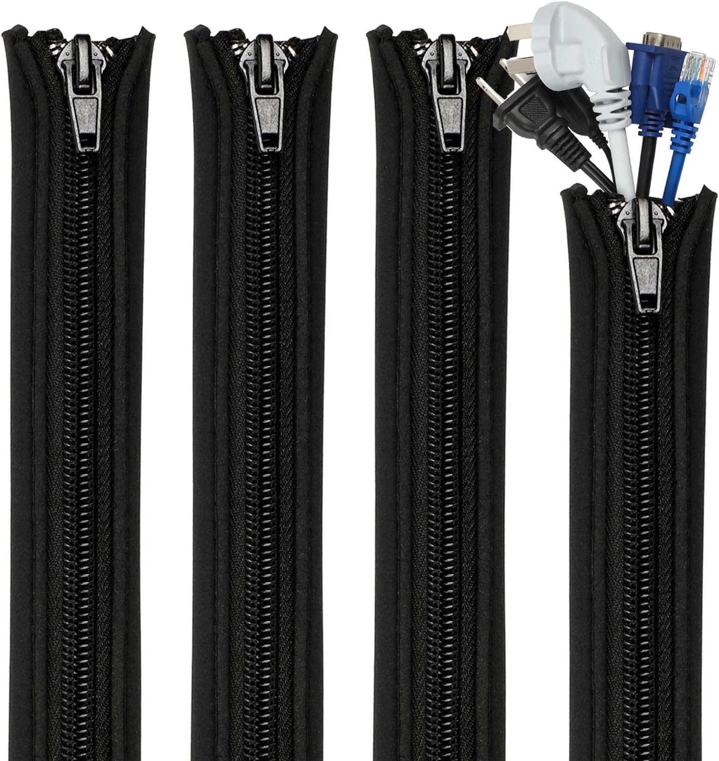 Teskyer 4 Pack Cable Management Sleeves, Cord Organizer Sleeve with Zipper, Wire Wrap Covers, Cable Organizer Sleeves for TV, Computer, Office, 15" Per Sleeve