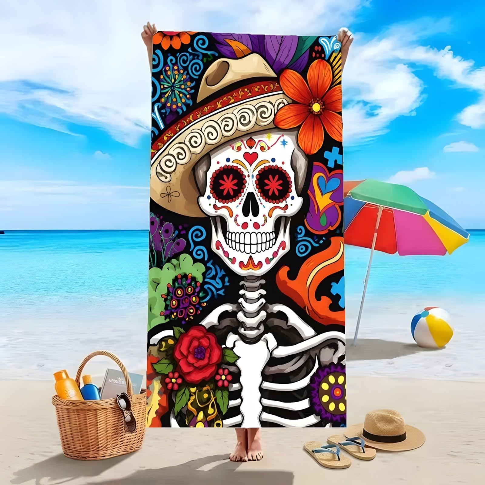 YZQGLHP Skull Microfibre Beach Towel Rose Beach Bath Towel Quick Drying, Lightweight, Sand-Free, Durable, for Pool, Gym, Camping, Travel Towel 80x180cm