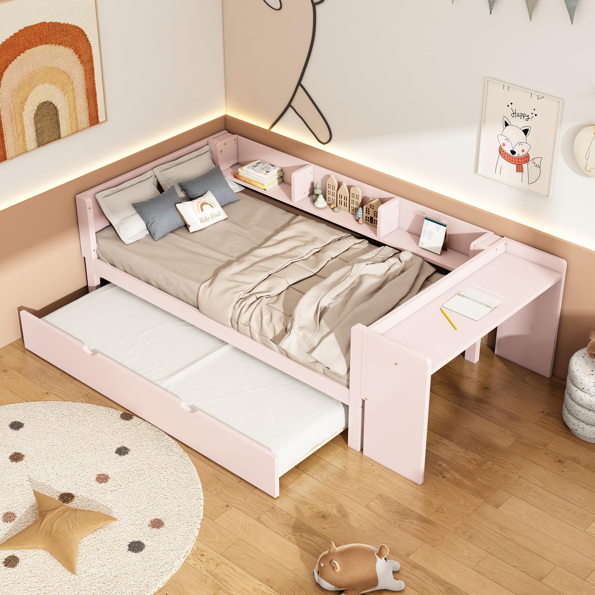 Cama individual de 90 x 200 cm, cama plana de madera, con cama extraíble, con escritorio, tres estantes en el lateral de la cama (rosa)