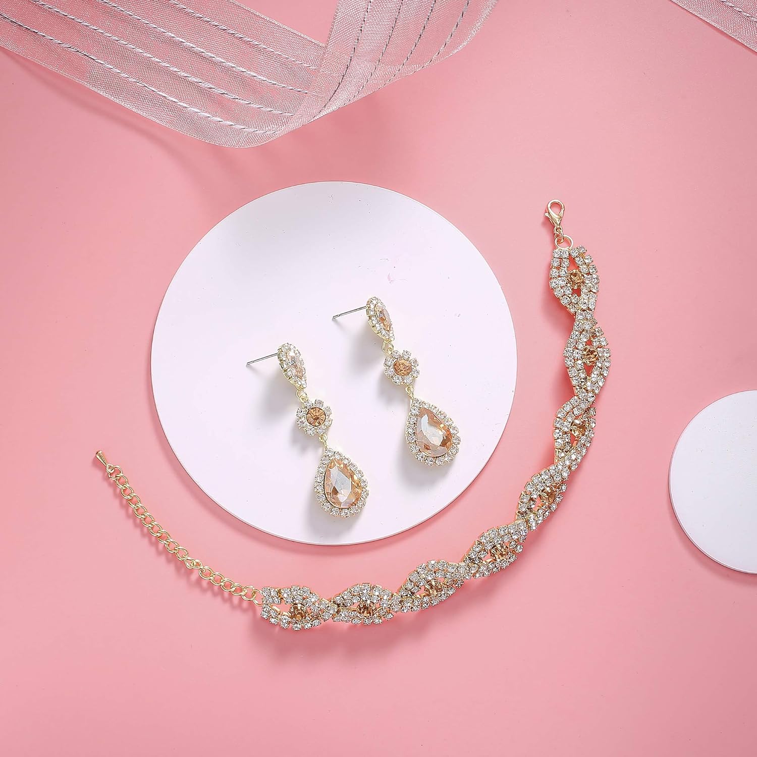 Silver/Gold Plated Bridal Wedding Rhinestone Earrings Bracelet Set for Wedding Brides Bridesmaids Crystal Stone Dangle Drop Earrings Link Tennis Bracelet Set for Women Wedding Champagne - Bracelet and Earrings Set image 6 of 8 B07TJG1V5Q