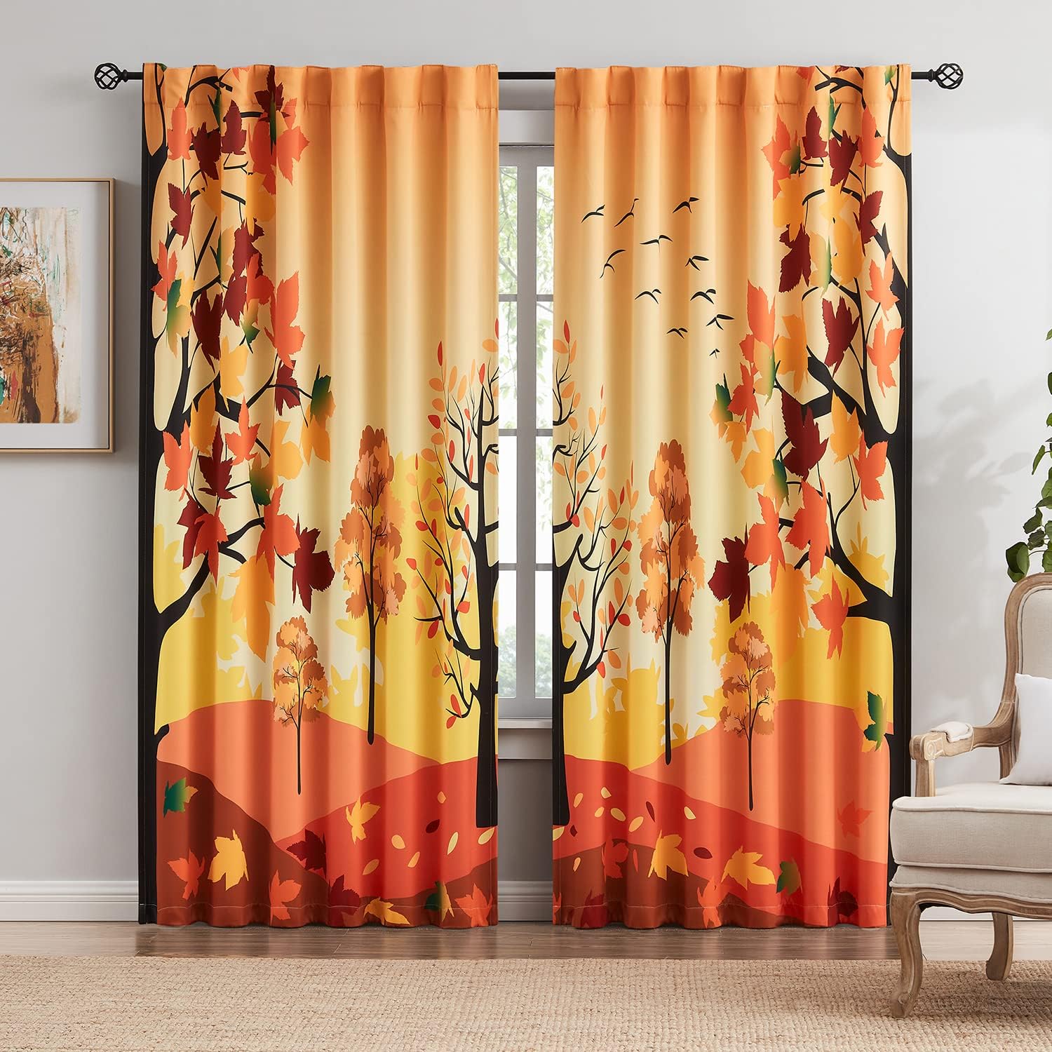 Maple Full Blackout Curtains Fall Orange Yellow Autumn Leaves