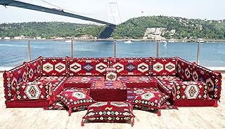 Maroon Color Arabic Majlis, U Shaped Arabic Seating Sofa, Oriental Floor Couch, Bench Cushions, Floor Cushions, Moroccan Sofas, Arabic Majlis (U Sofa + Rug + Ottoman)