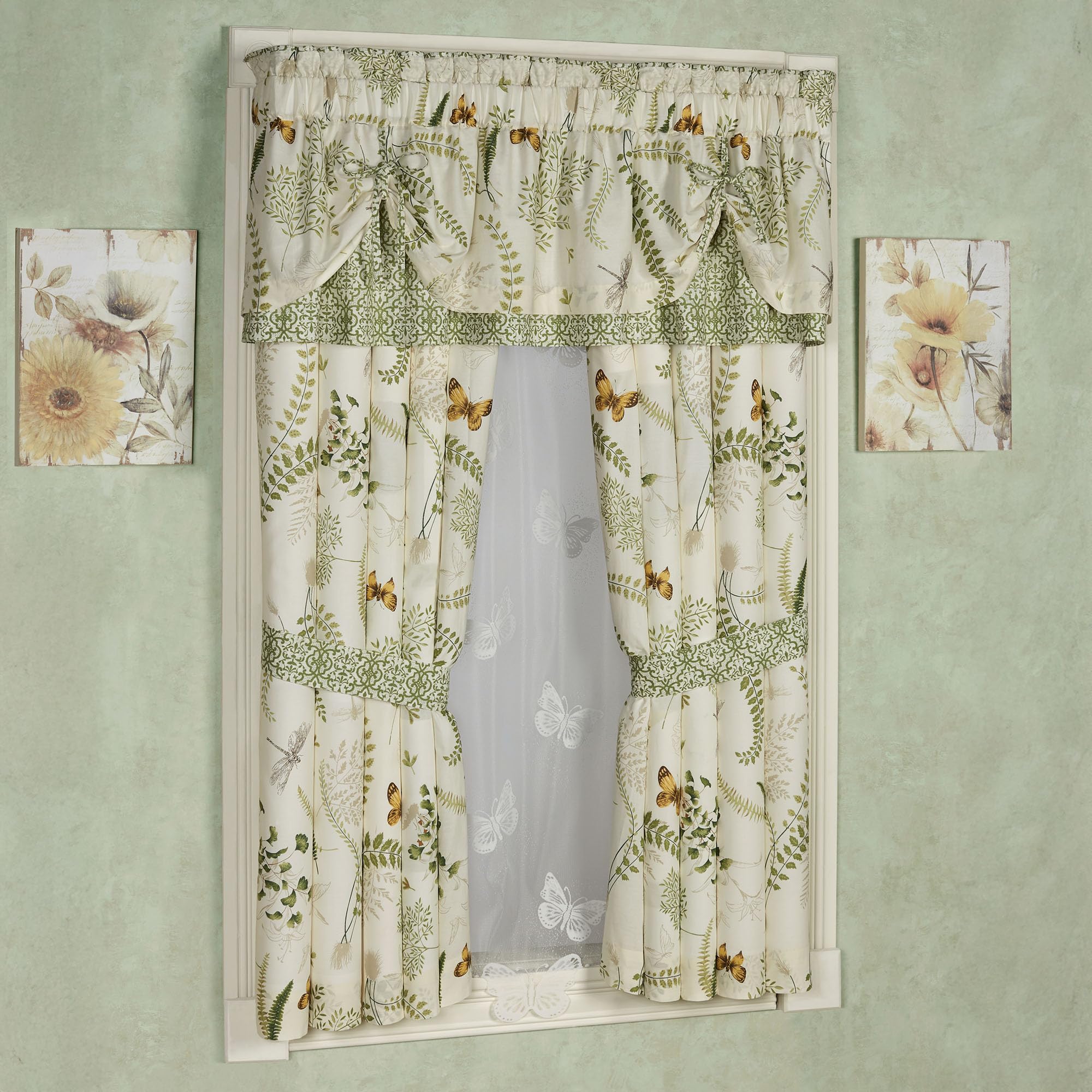 Butterfly Eden Cotton Window Treatment | Rod Pocket | Nature Medallion Butterfly Dragonfly Fern Leaves | Eggshell, Gold Yellow, Green | 2 Piece Set Includes: 63L Curtain Pair and Layered Valance
