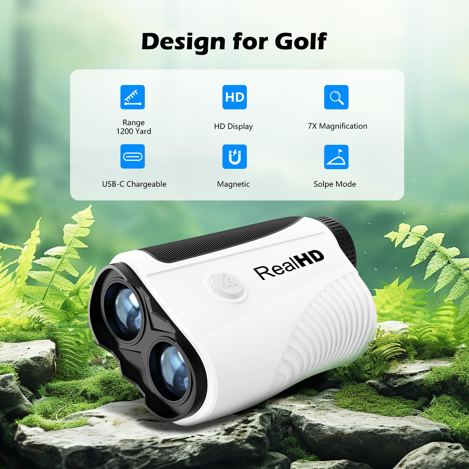 Real HD Telémetro de golf con pendiente, 1,200 yardas, aumento 7X con imán, vibración de bloqueo de bandera, telémetro láser recargable para caza