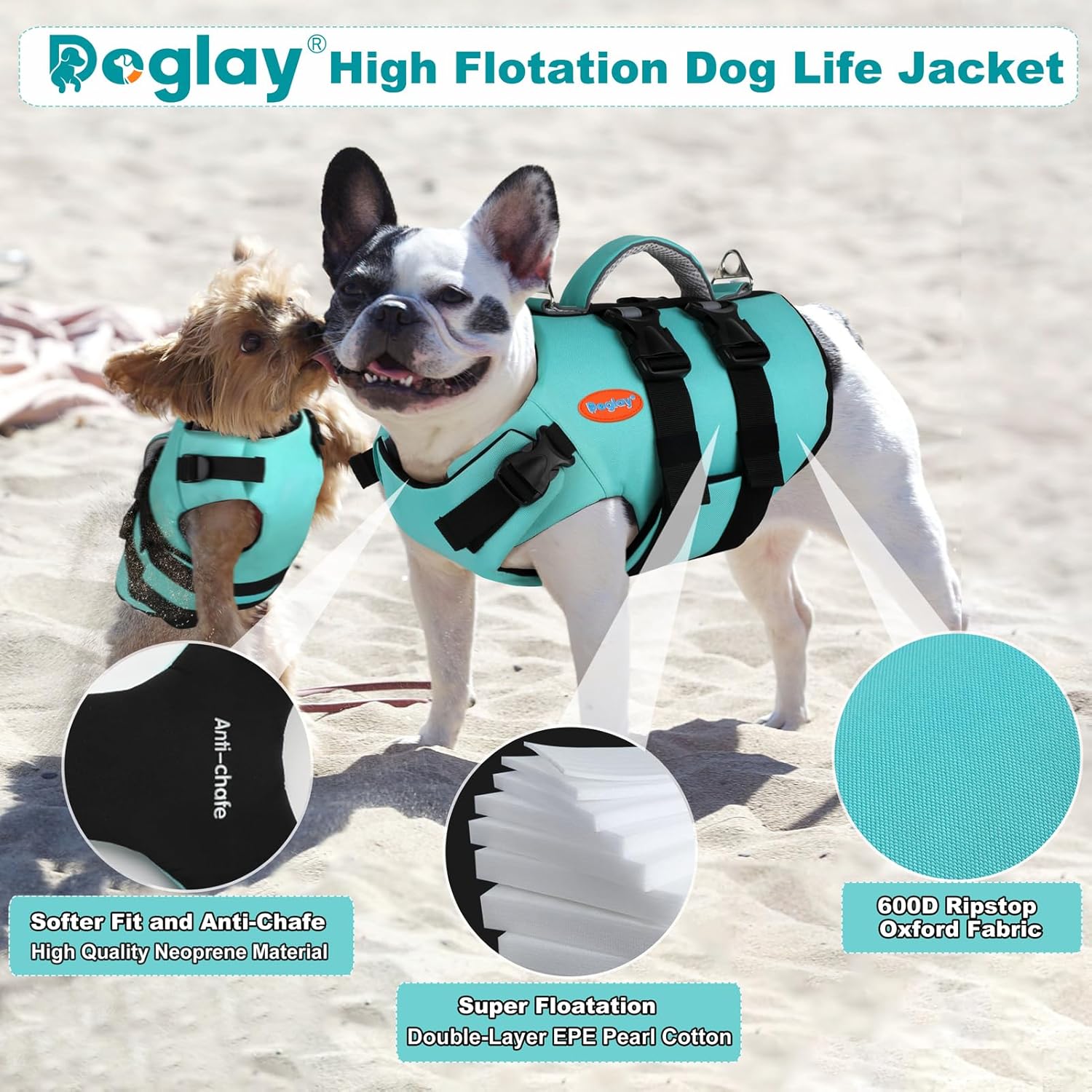 Doglay Dog Life Jacket Neoprene, High Buoyancy Dog Harness Life Vest for Swimming and Boating, Adjustable Swim Vest with Rescue Handle for Small Medium Large Dogs