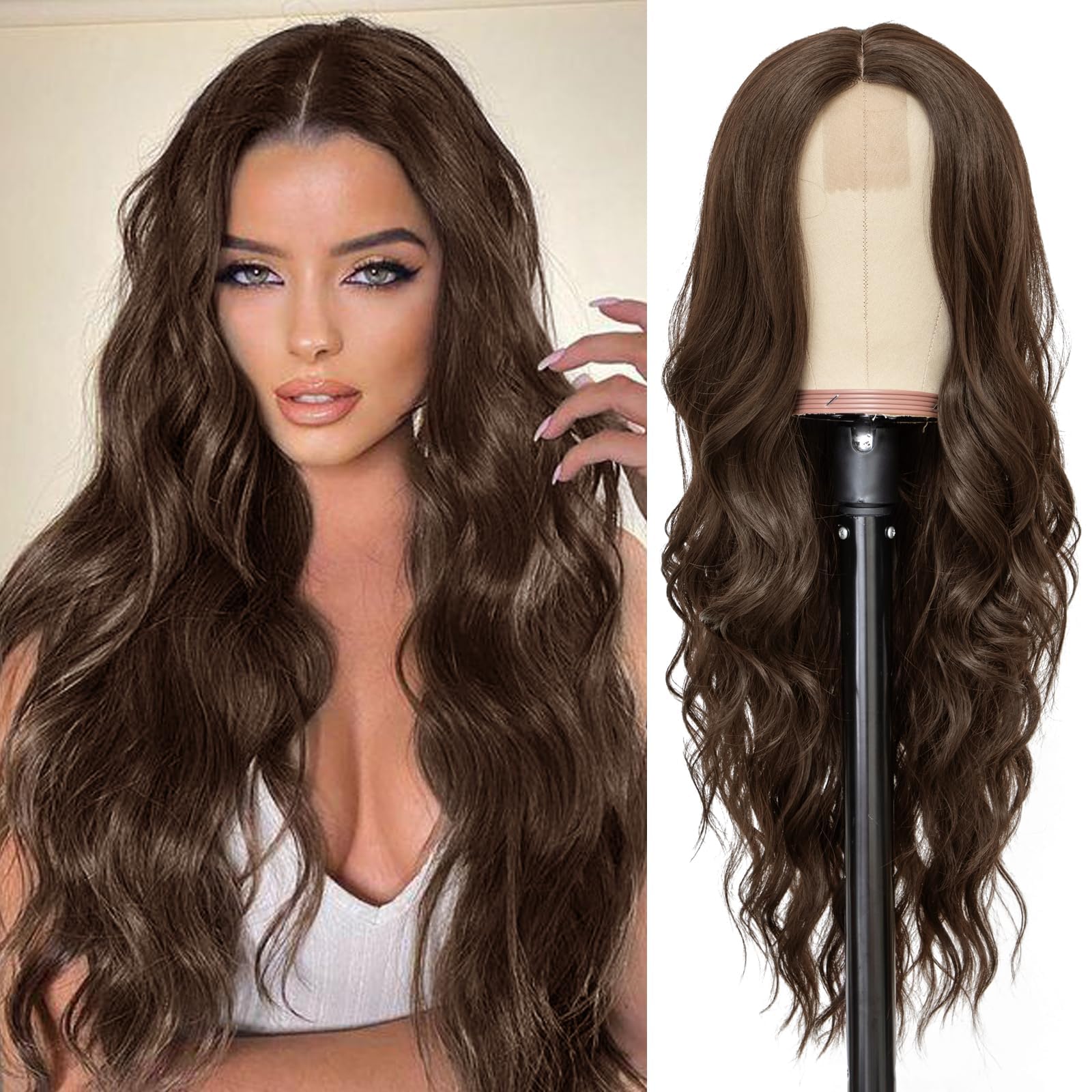 Brown Brunette Long Wavy Wig w/ Middle Part Heat Resistant Synthetic 26 Inch NAYOO 26 Inch Long Dark Brown Wavy Synthetic Wig for Women  main image 4