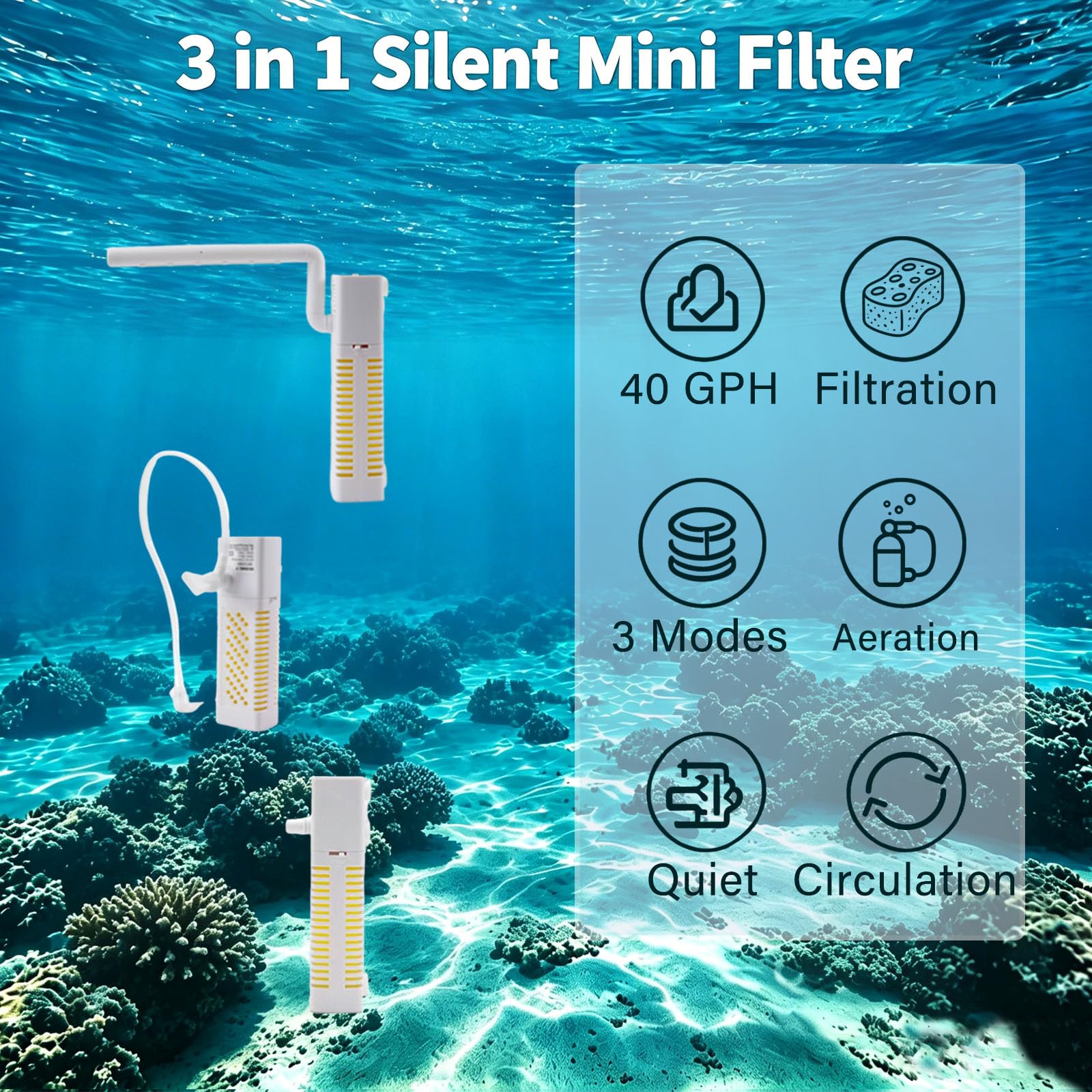 Acquario da 4 galloni - Kit di avviamento per acquario tutto in uno con luce LED per acquario, filtro silenzioso 3 in 1 e sfondo oceano - Acquario da tavolo ideale per pesci tropicali - Perfetto per