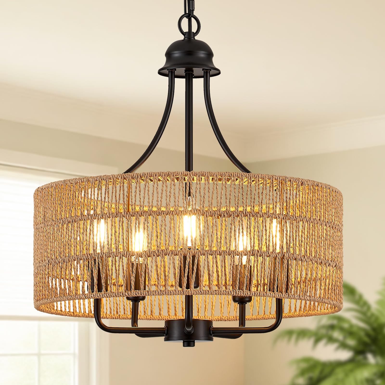 Photo 1 of Tunkayli Black Rattan Drum Chandelier 5-Light