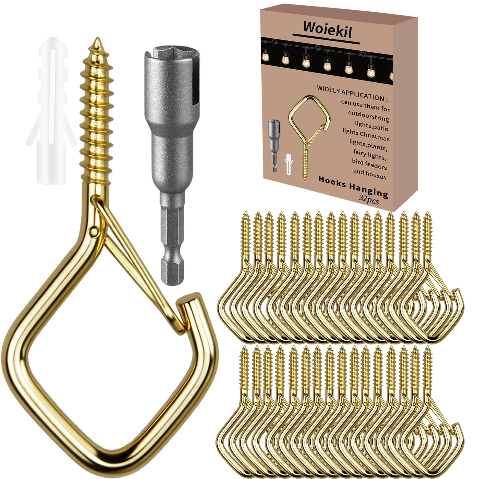 Heavy-Duty Screw-In Hooks with Safety Buckle, 2.16 Inch Metal Ceiling Hooks for Hanging Plants and Outdoor String Lights, Windproof Eye Hooks Screw for Patio, Lights, Bird Feeders (Gold, 32 Pcs)