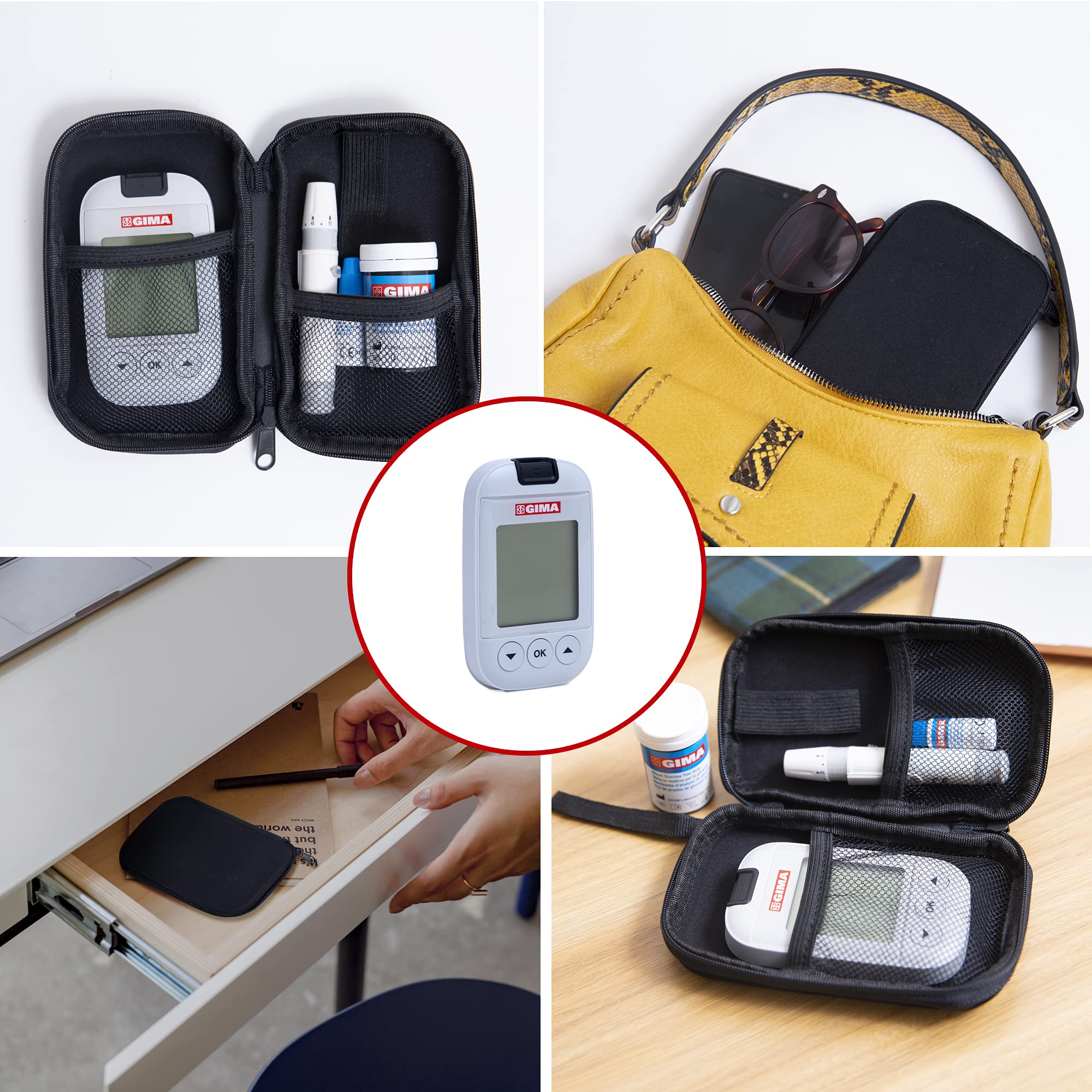 GIMA Misuratore Glicemia Glucometro Kit Completo Per Il Controllo e Il Monitoraggio Del Glucosio Nel Sangue Con 10 Strisce Soluzione Di Controllo 10 Lancette Sterili Penna Pungidito, IT,DE,GR,ES