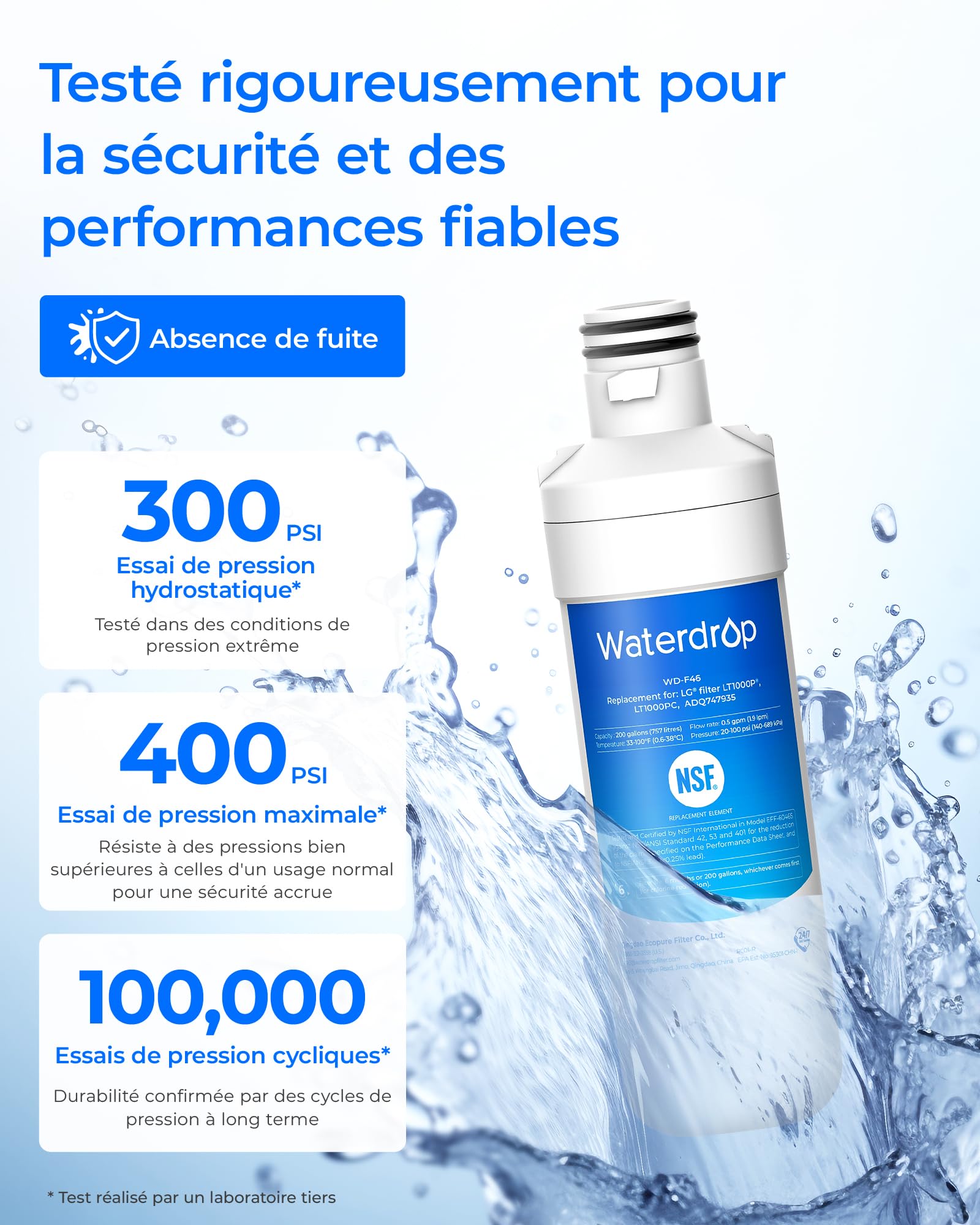 Waterdrop WD-F46 Filtre à eau pour réfrigérateur, compatible avec LG® LT1000P®, ADQ74793501, ADQ74793502, 46-9980, 9980, adapté à des modèles tels que LFXC24796S, LSFXC2496D, certifié NSF, 2 pièce