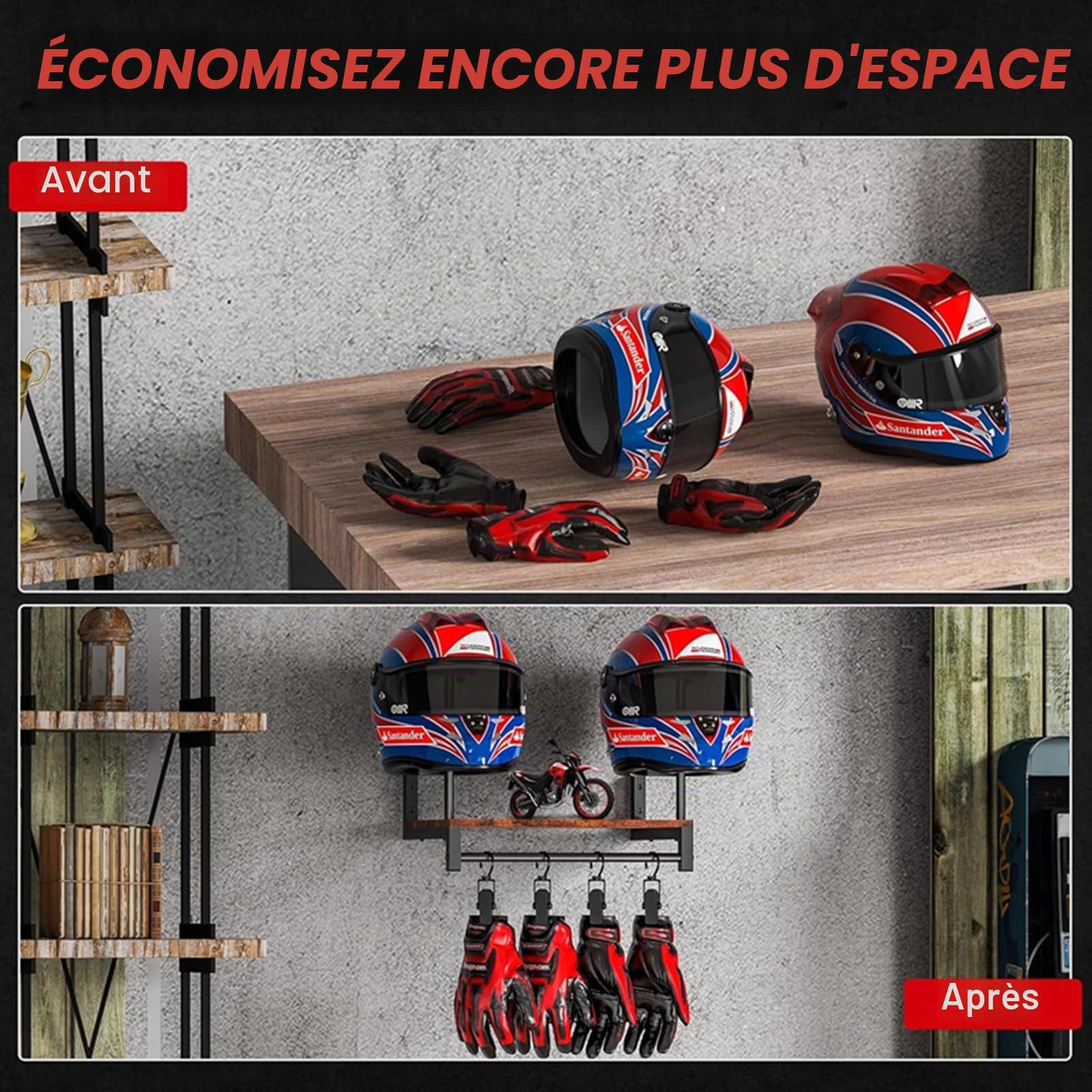Support mural pour casque moto rétro, porte-casque en bois et métal avec 4 clips de suspension, peut accrocher 2 casquettes – rangement pour veste, gilet tactique
