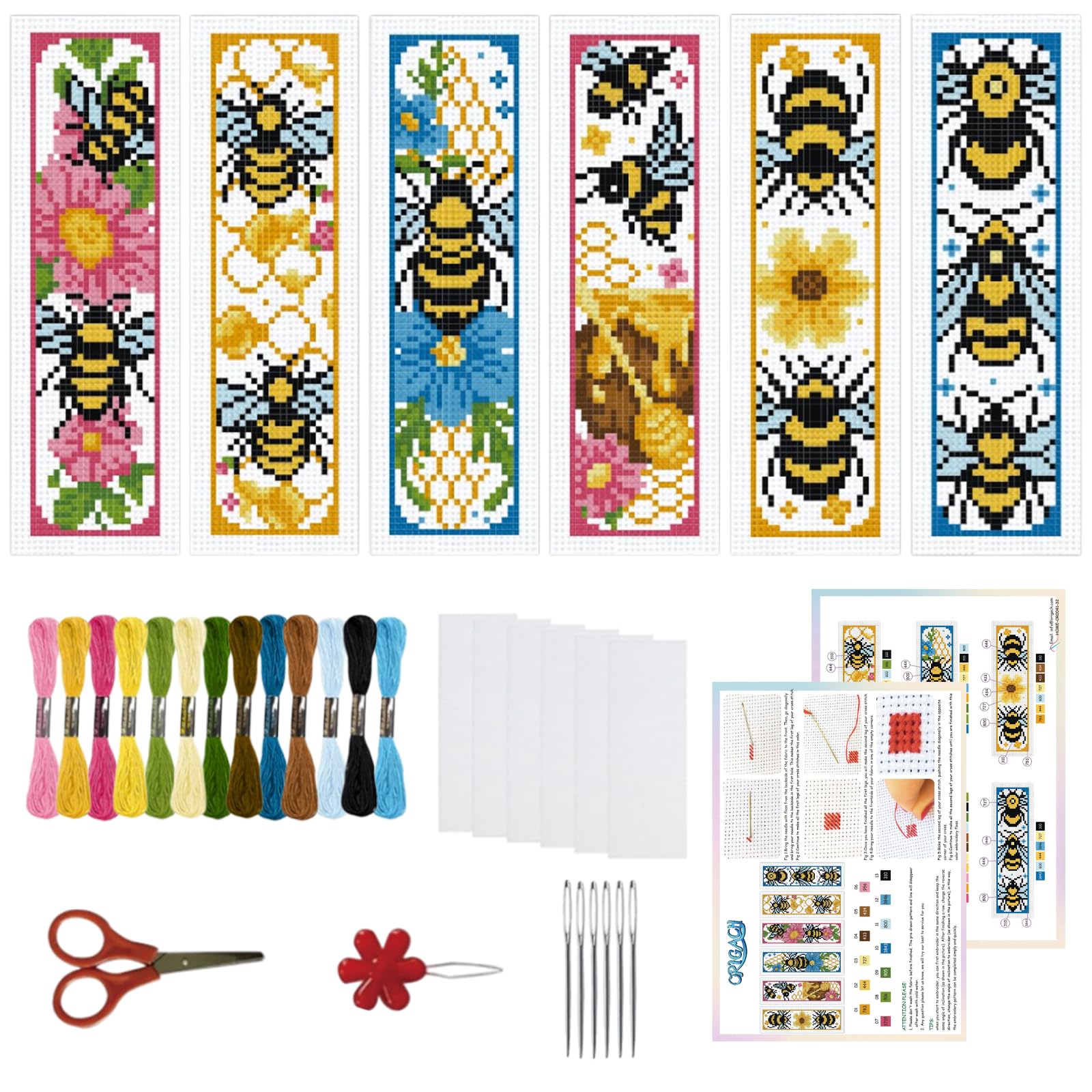 ORIGACH 6 Set Bees Cross Stitch Bookmark Kit for Beginner with Backing Felt Floss Instructions DIY Stamped Embroidery Bookmark Kit for Adults Book Lovers