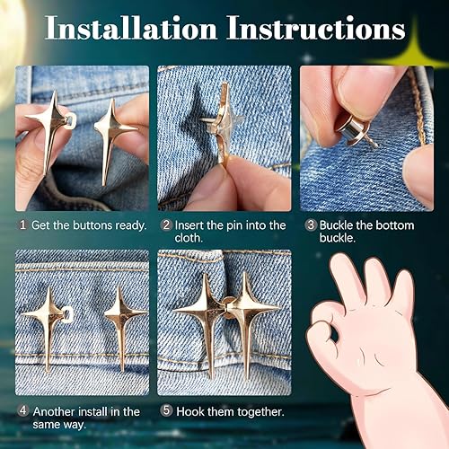 Miniatura 4 de Botón de jeans, 4 juegos de botones de estrella ajustables para jeans, hebillas decorativas desmontables en la cintura, ajuste perfecto, ajuste de